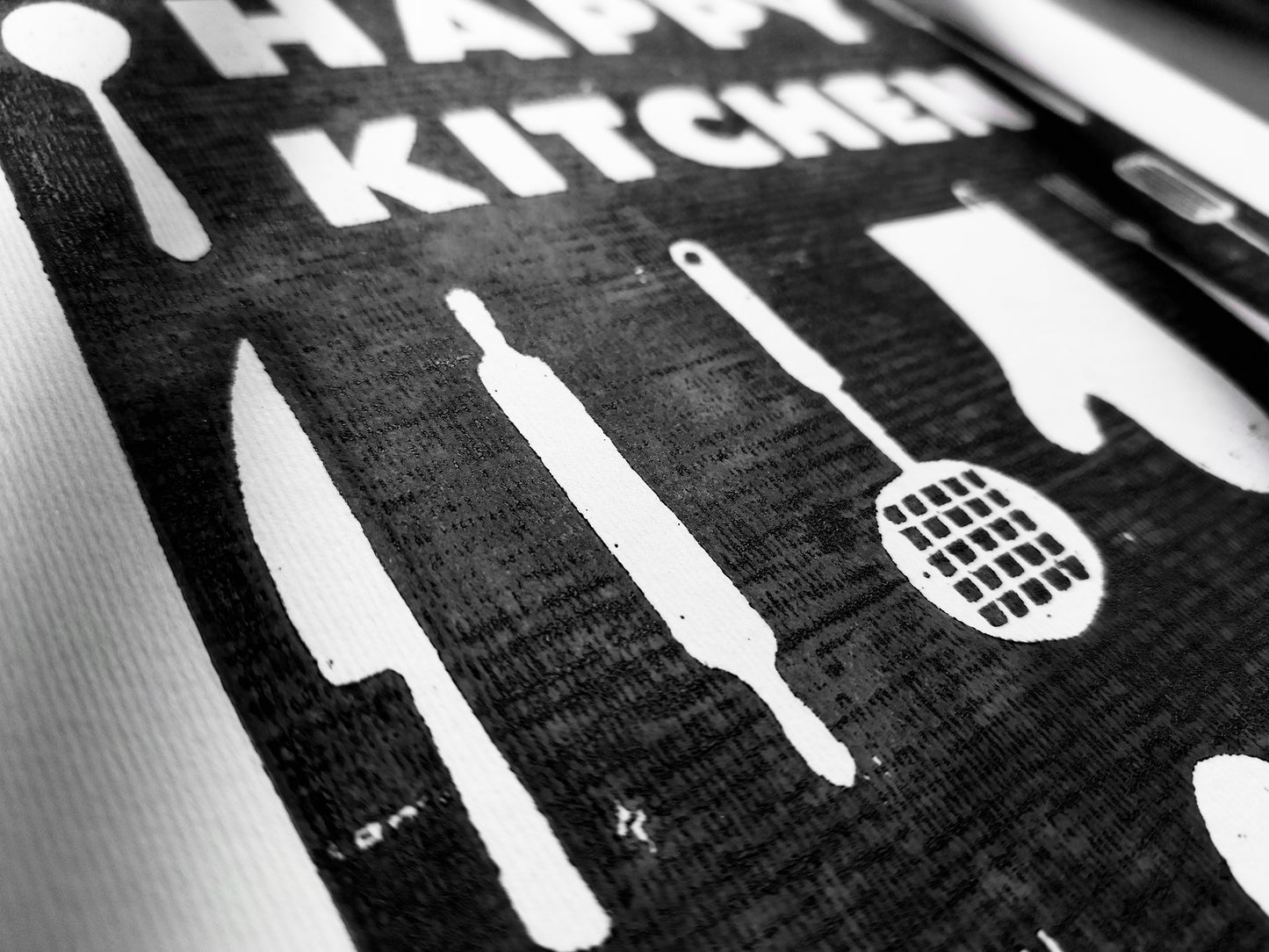 Black utensils pattern Happy kitchen sign Linocut print Simple original artwork Printmaking for Modern kitchen art Dining room wall decor Linogravure Lino print Farmhouse wall decor New home gift  Printmaking Handmade wall decoration relief block wall art print