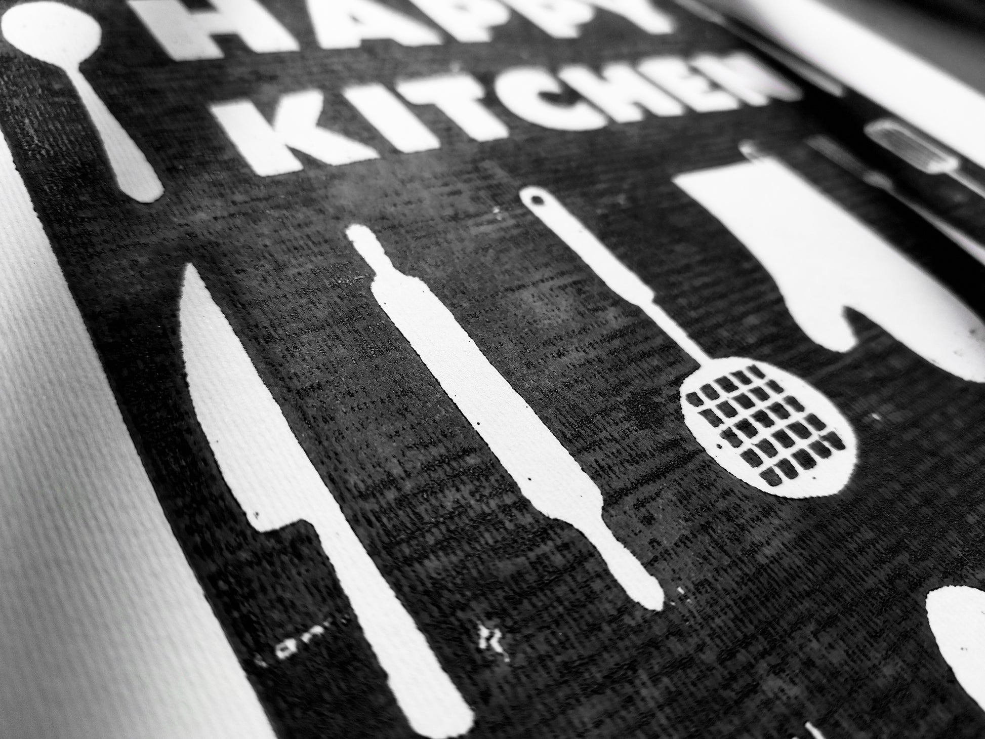 Black utensils pattern Happy kitchen sign Linocut print Simple original artwork Printmaking for Modern kitchen art Dining room wall decor Linogravure Lino print Farmhouse wall decor New home gift  Printmaking Handmade wall decoration relief block wall art print