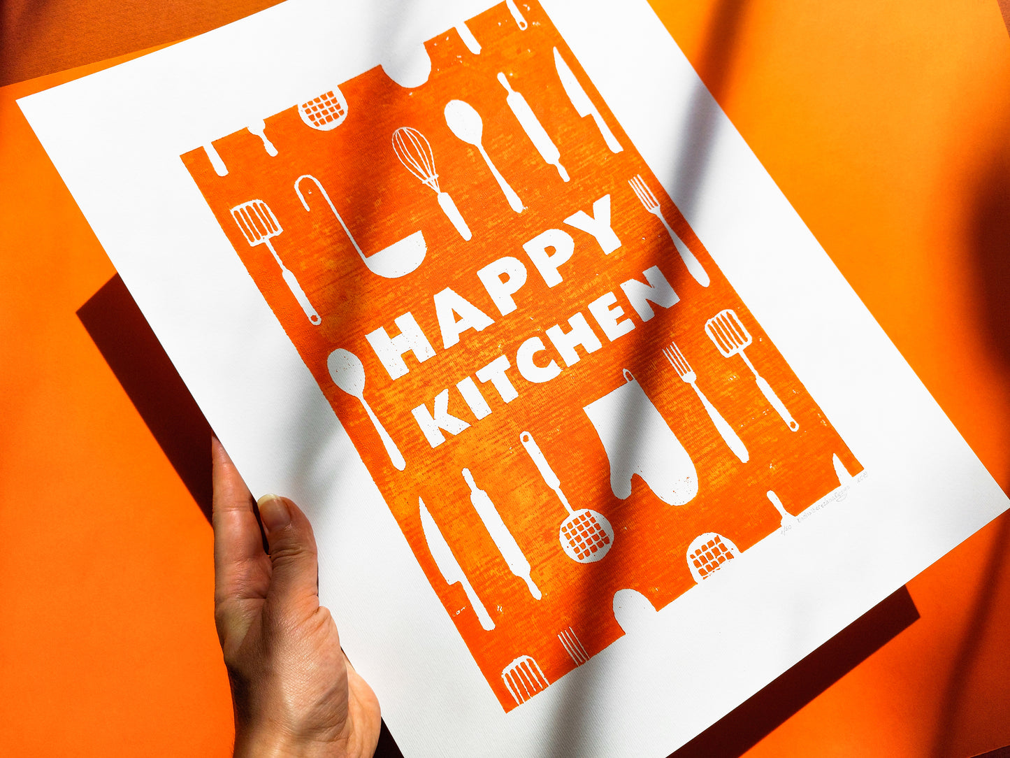 Orange utensils pattern Happy kitchen sign Linocut print Simple original artwork Printmaking for Modern kitchen art Dining room wall decor Linogravure Lino print Farmhouse wall decor New home gift  Printmaking Handmade wall decoration relief block wall art print