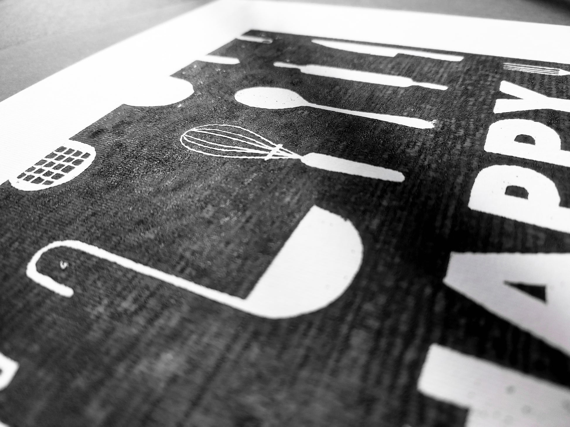 Black utensils pattern Happy kitchen sign Linocut print Simple original artwork Printmaking for Modern kitchen art Dining room wall decor Linogravure Lino print Farmhouse wall decor New home gift  Printmaking Handmade wall decoration relief block wall art print