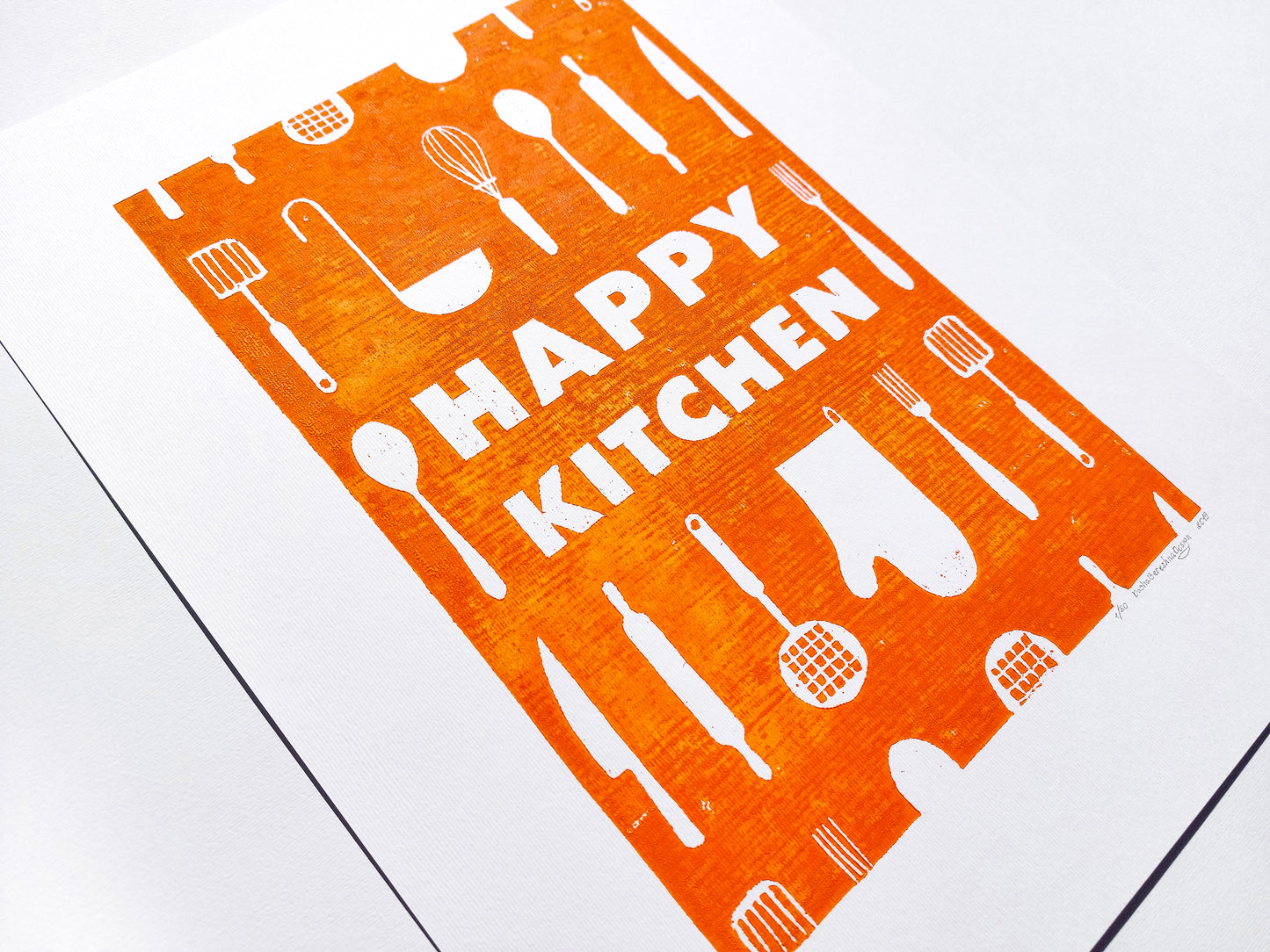 Orange utensils pattern Happy kitchen sign Linocut print Simple original artwork Printmaking for Modern kitchen art Dining room wall decor Linogravure Lino print Farmhouse wall decor New home gift  Printmaking Handmade wall decoration relief block wall art print