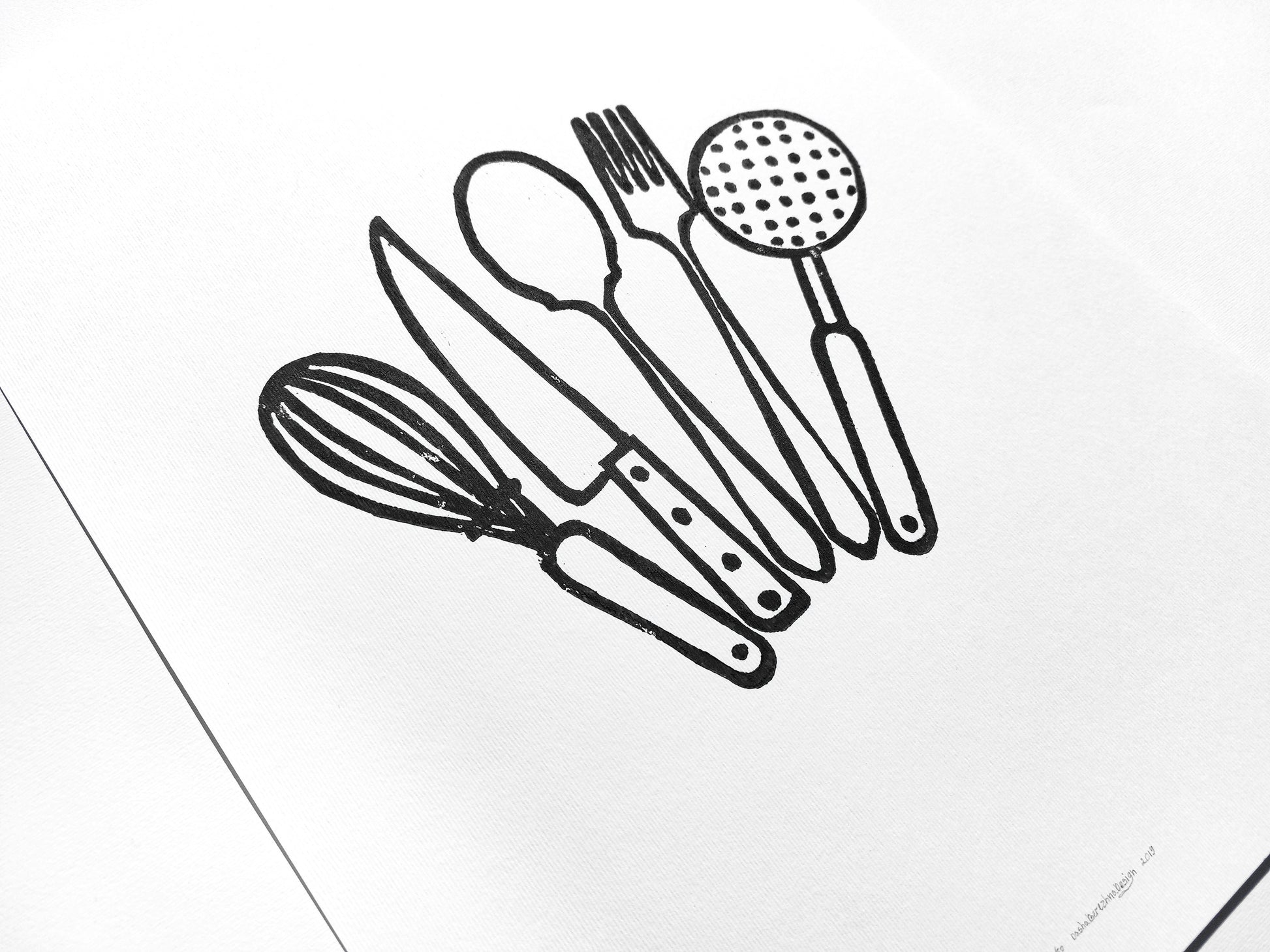 Black kitchen utensils Linocut print Printmaking relief wall art Spoon fork knife whisk Simple original artwork for Modern kitchen decor Dining room Block minimalist Handmade print wall Home decor Decorations Accessories