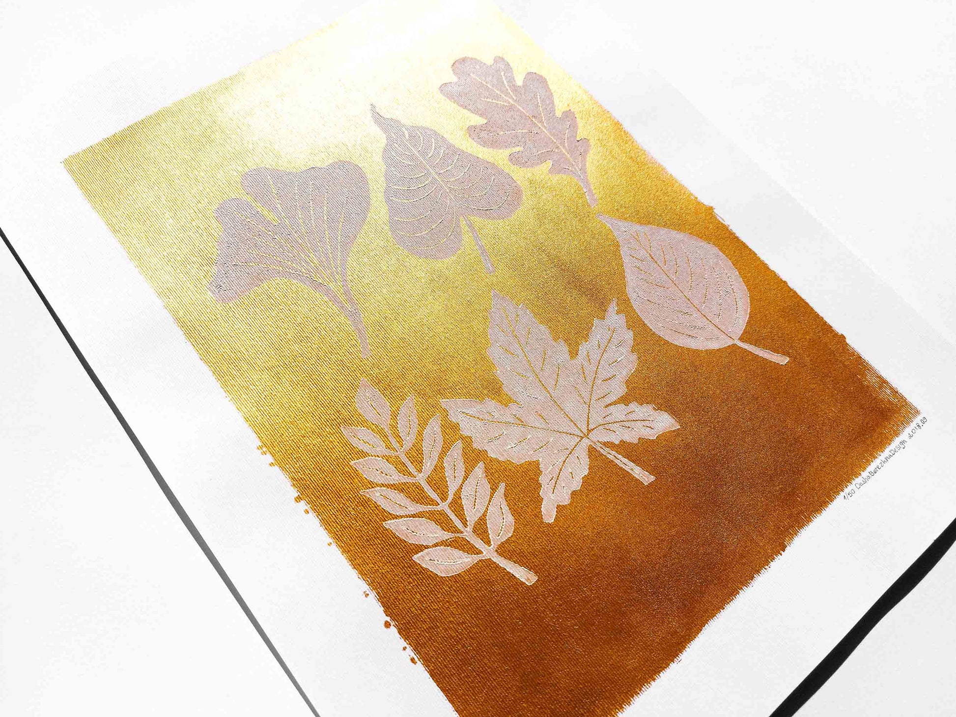 Gold and white fall leaves Linocut print 12x16in for New home gift UNFRAMED / gold acrylic ink, oil ink, lino print, linogravure, autumn wall art, printmaking, handmade art, Nature lover gift, simple artwork, original artwork, houswarming gift, living room, bedroom, modern kitchen decor