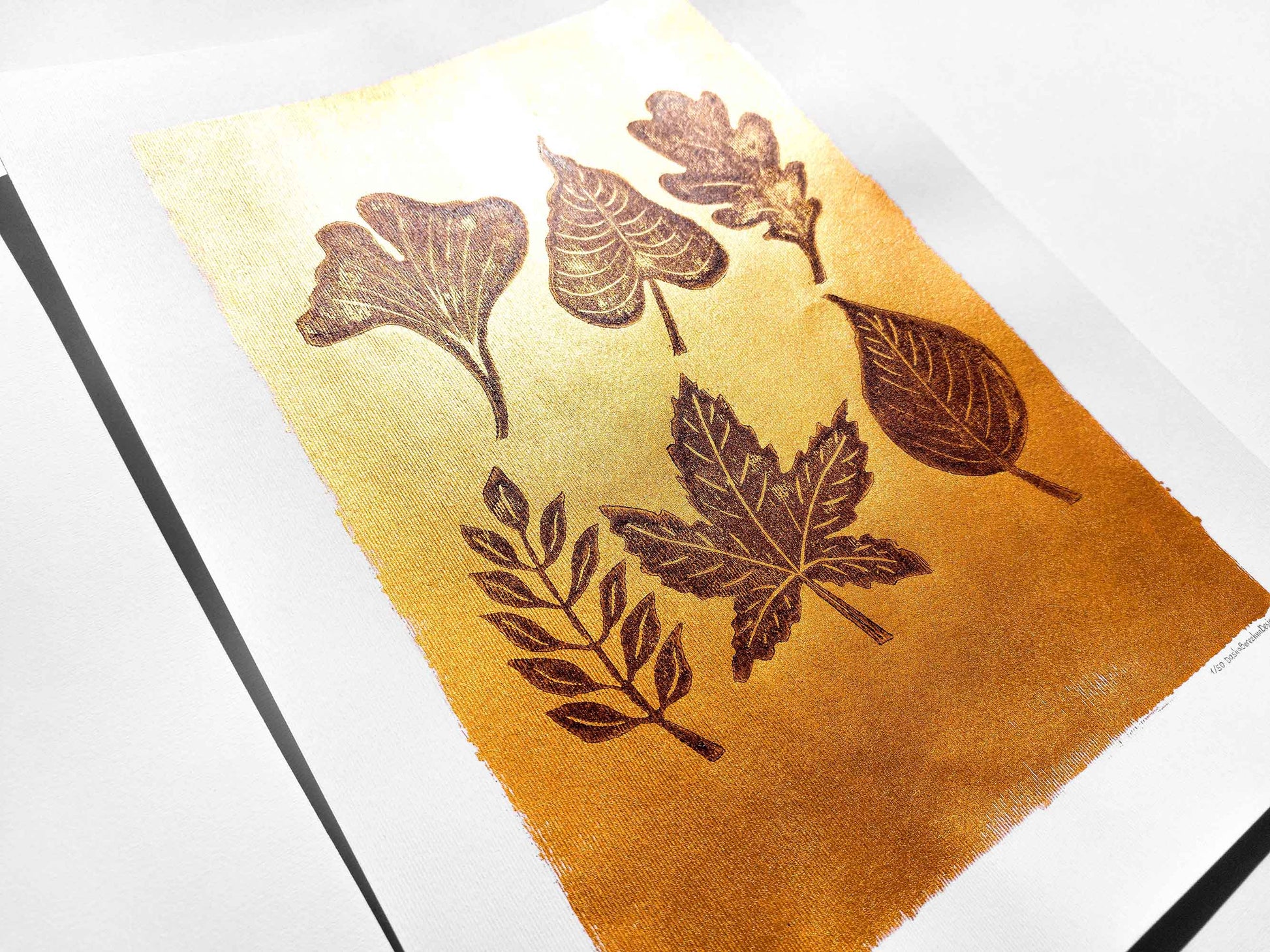 Gold and brown fall leaves Linocut print 12x16in for New home gift UNFRAMED / gold acrylic ink, oil ink, lino print, linogravure, autumn wall art, printmaking, handmade art, Nature lover gift, simple artwork, original artwork, houswarming gift, living room, bedroom, modern kitchen decor