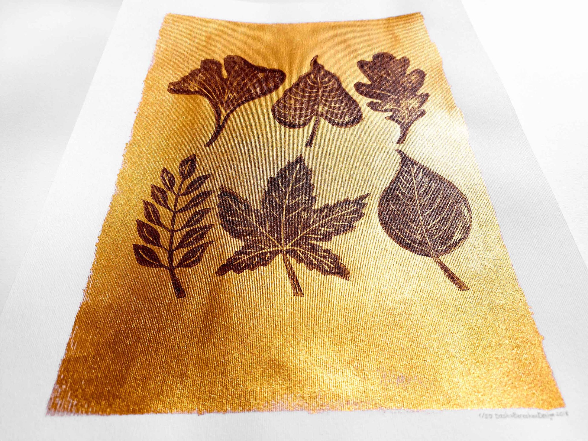 Gold and brown fall leaves Linocut print 12x16in for New home gift UNFRAMED / gold acrylic ink, oil ink, lino print, linogravure, autumn wall art, printmaking, handmade art, Nature lover gift, simple artwork, original artwork, houswarming gift, living room, bedroom, modern kitchen decor