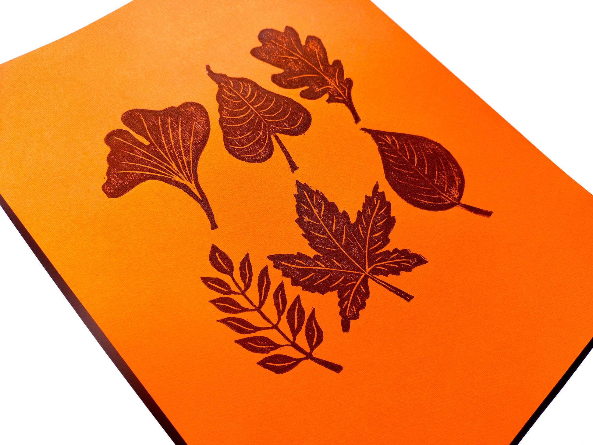 Orange and brown fall leaves Linocut print 12x16in for New home gift UNFRAMED / gold acrylic ink, oil ink, lino print, linogravure, autumn wall art, printmaking, handmade art, Nature lover gift, simple artwork, original artwork, houswarming gift, living room, bedroom, modern kitchen decor