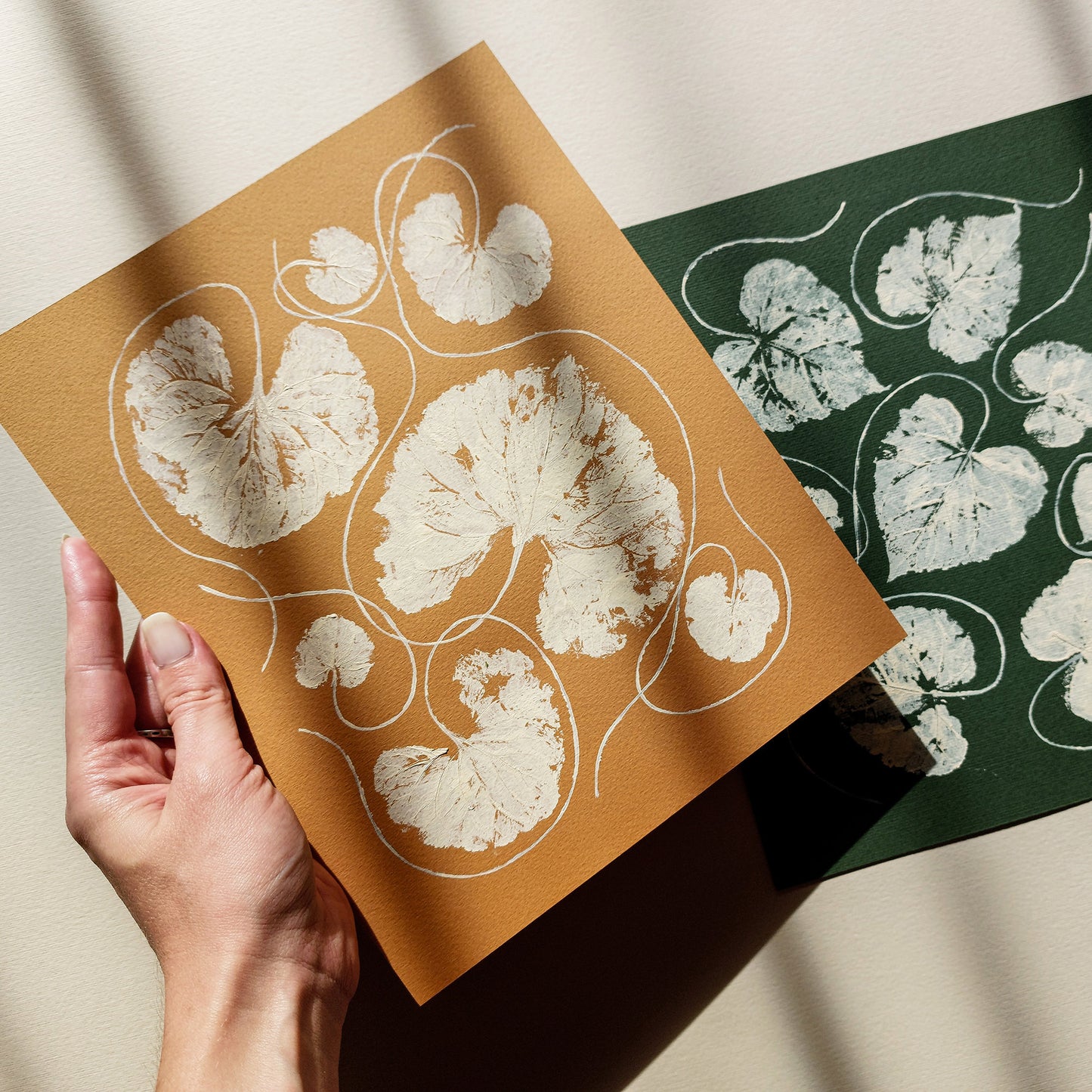 Mini Gallery wall set of 2 Green ochre beige textured leaves Monotype print wall art decor wall hanging, unique wall art, trendy, thank you gift, boss, teacher appreciation gift, Summer, Christmas, Spring wall art, sister in law gift, self gift, rustic wall art, retirement, One of a Kind Holiday Gift, Relief print, realtor closing gift, Printmaking art, plant lover gift, original illustration, Thank You Gift, original artwork, one of a kind, office wall decor, nurse gift, niece gift from aunt