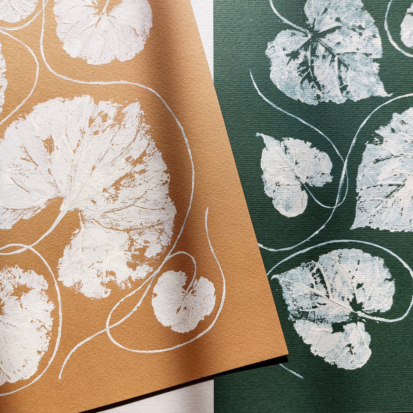 Mini Gallery wall set of 2 Green ochre beige textured leaves Monotype print wall art decor green yellow ochre