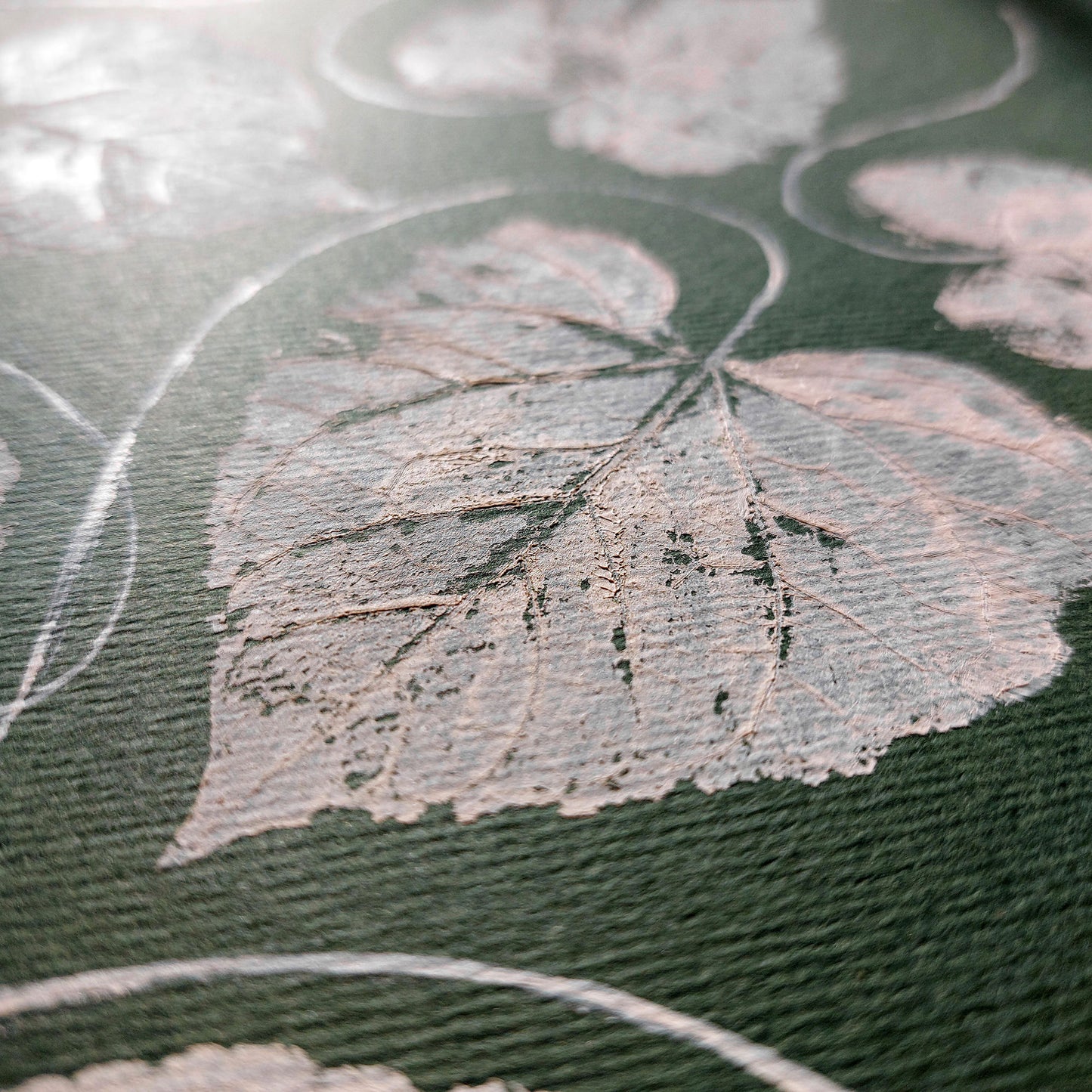 Mini Gallery wall set of 2 Green ochre beige textured leaves Monotype print wall art decor