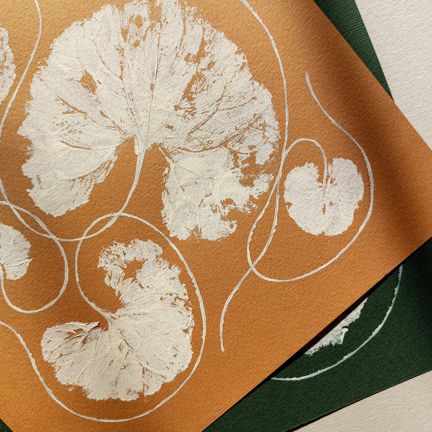 Mini Gallery wall set of 2 Green ochre beige textured leaves Monotype print wall art decor