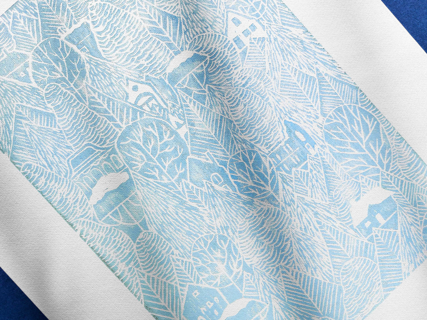 Light Blue forest with houses Linocut print 12x16in for Nature lover gift UNFRAMED / printmaking art, original artwork, lino print, linogravure, block print, relief print, handmade art, bedroom wall art, living room decor, nursery wall art