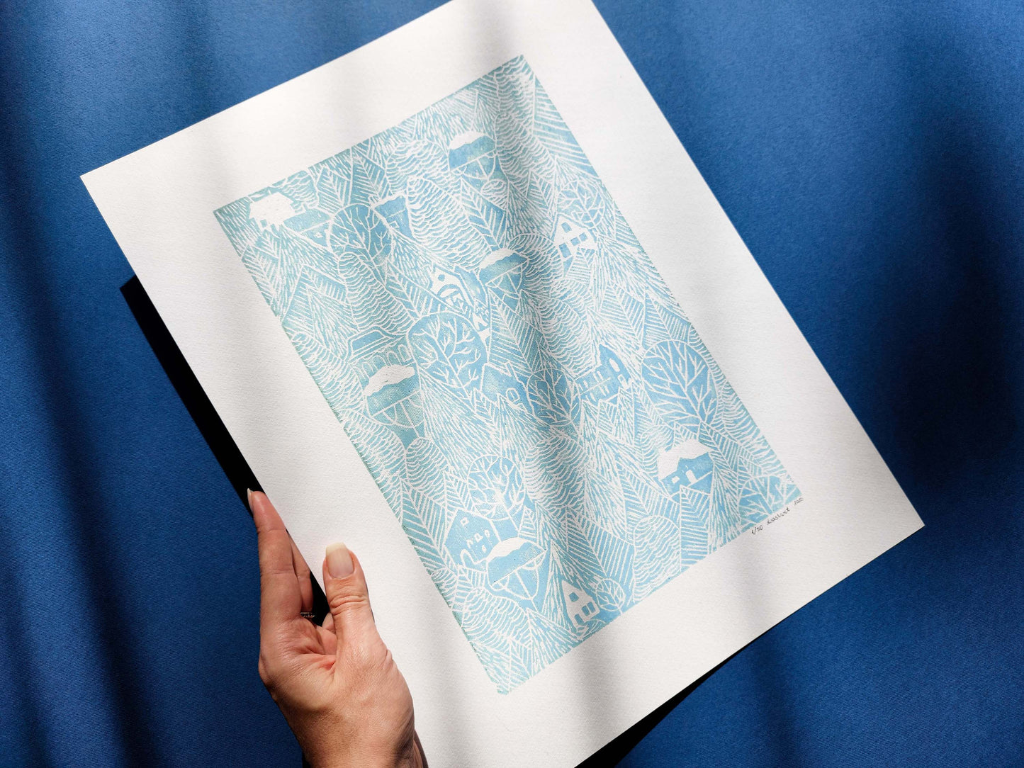 Light Blue forest with houses Linocut print 12x16in for Nature lover gift UNFRAMED / printmaking art, original artwork, lino print, linogravure, block print, relief print, handmade art, bedroom wall art, living room decor, nursery wall art