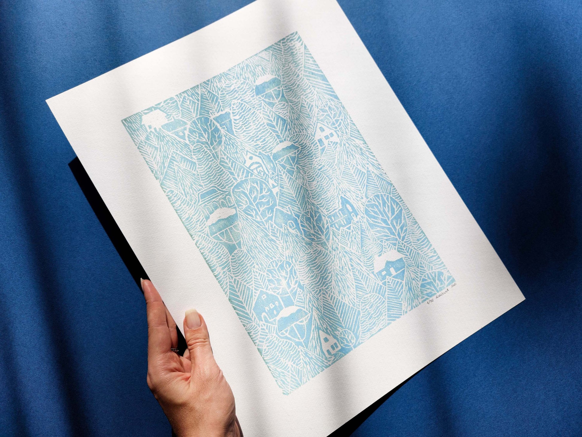 Light Blue forest with houses Linocut print 12x16in for Nature lover gift UNFRAMED / printmaking art, original artwork, lino print, linogravure, block print, relief print, handmade art, bedroom wall art, living room decor, nursery wall art