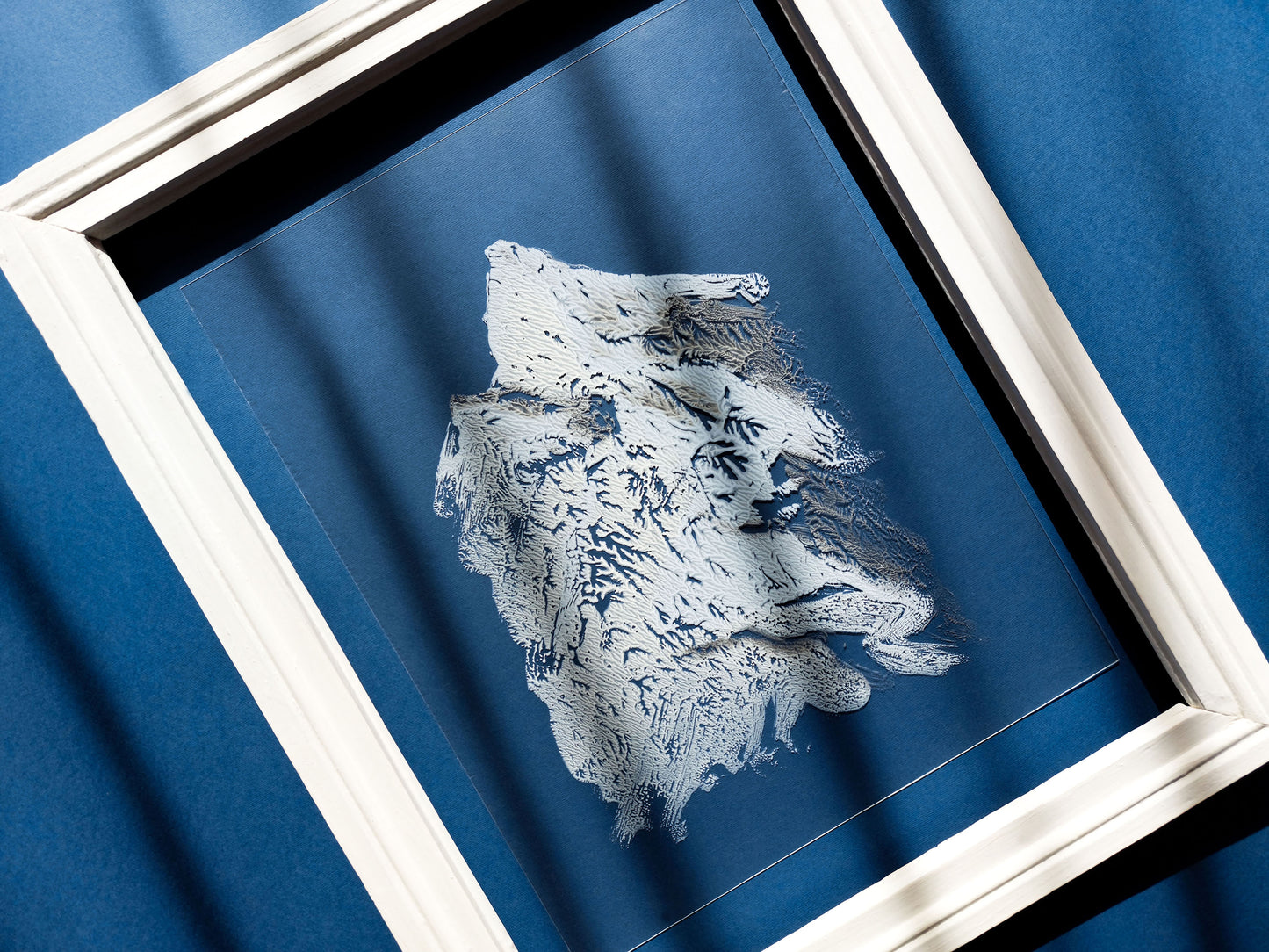 N3 White silver and blue Abstract mountains Monotype print on Plexiglass Holiday winter wall art Modern original painting artwork UNFRAMED Living room Bedroom Workspace Home wall decoration Handmade relief printmaking unique one copy art