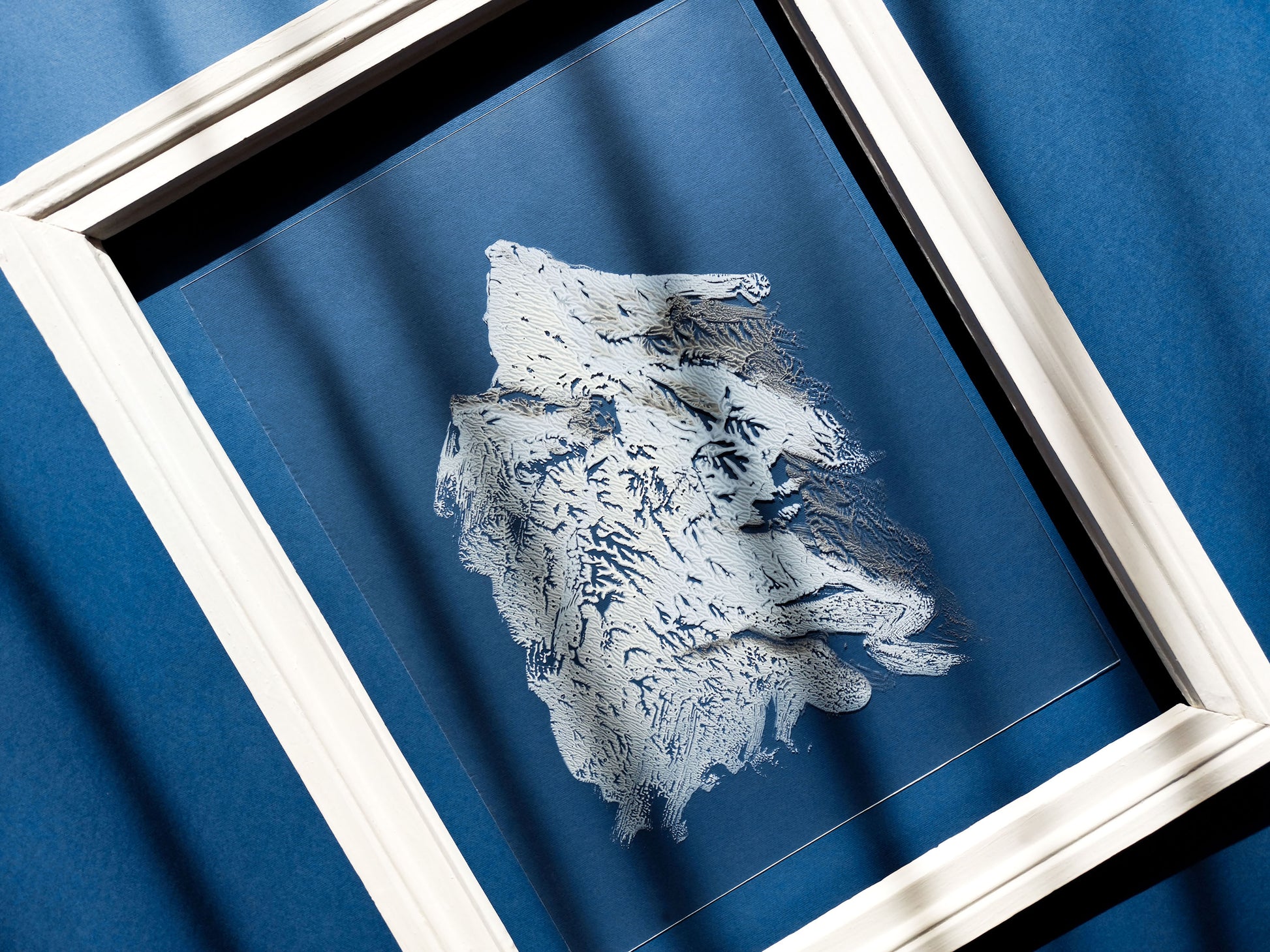 N3 White silver and blue Abstract mountains Monotype print on Plexiglass Holiday winter wall art Modern original painting artwork UNFRAMED Living room Bedroom Workspace Home wall decoration Handmade relief printmaking unique one copy art