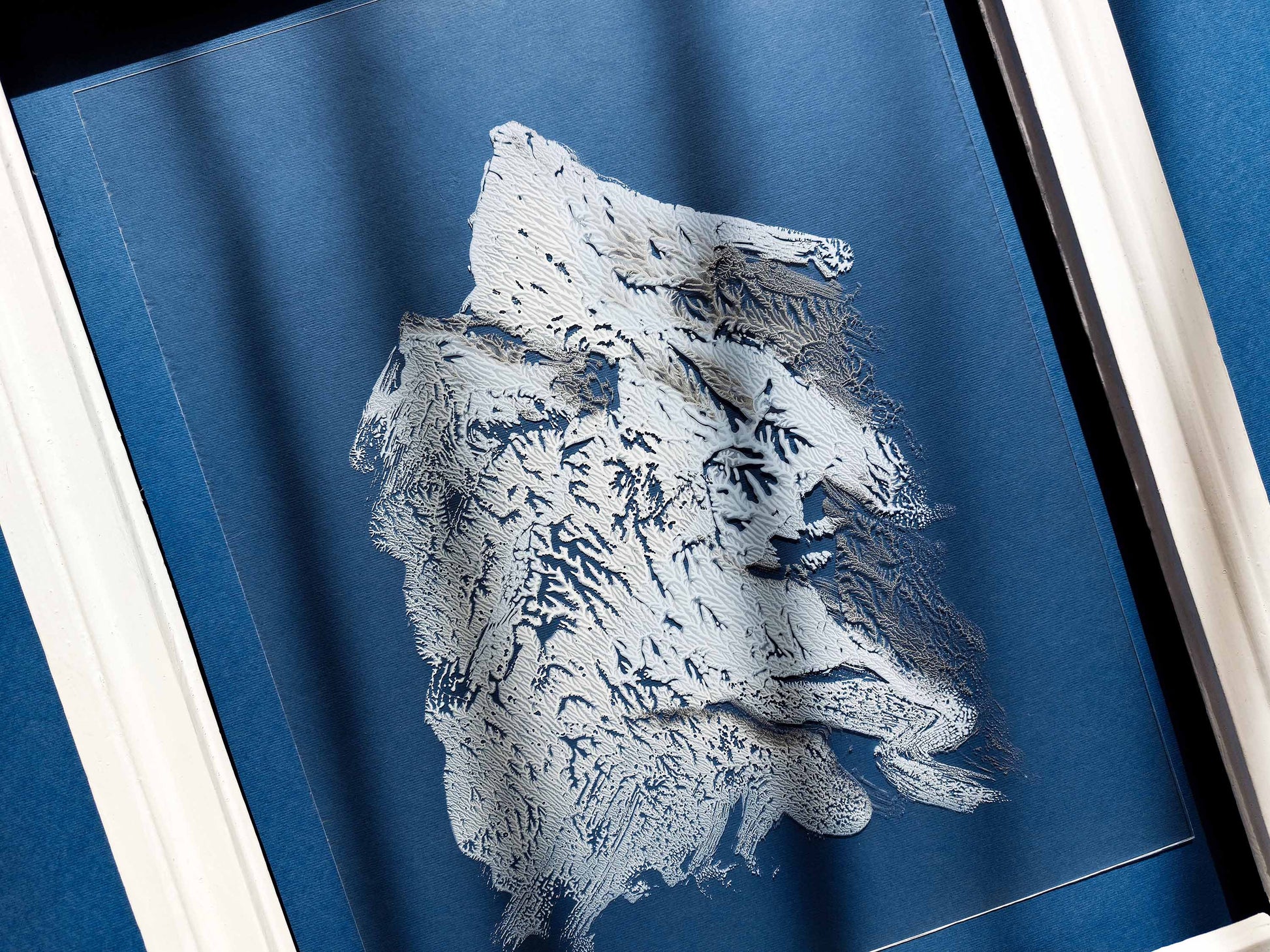 N3 White silver and blue Abstract mountains Monotype print on Plexiglass Holiday winter wall art Modern original painting artwork UNFRAMED Living room Bedroom Workspace Home wall decoration Handmade relief printmaking unique one copy art