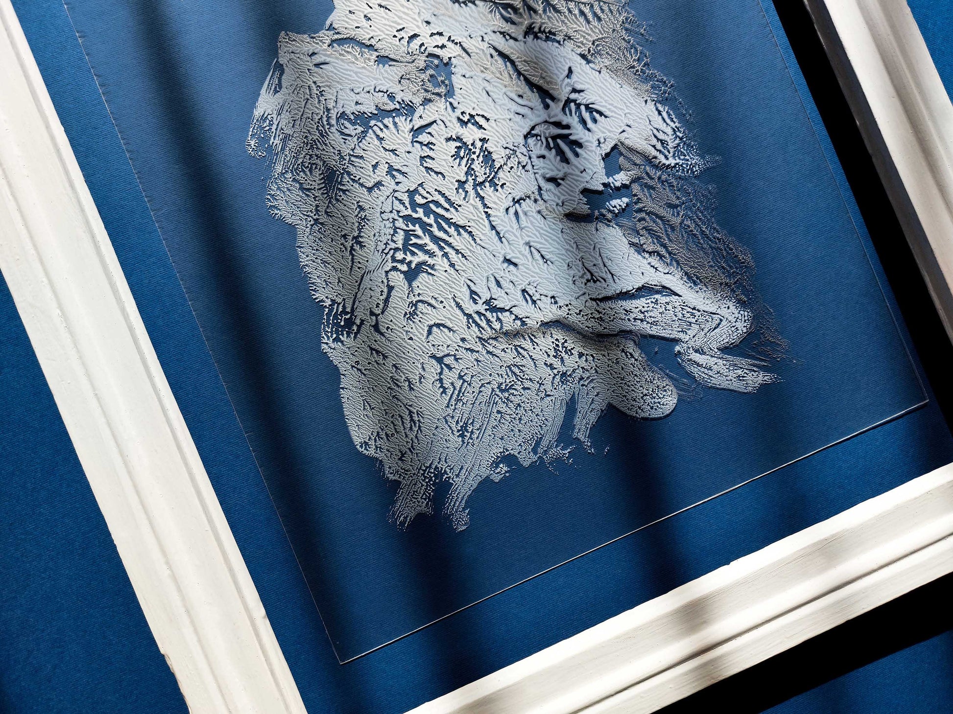 N3 White silver and blue Abstract mountains Monotype print on Plexiglass Holiday winter wall art Modern original painting artwork UNFRAMED Living room Bedroom Workspace Home wall decoration Handmade relief printmaking unique one copy art