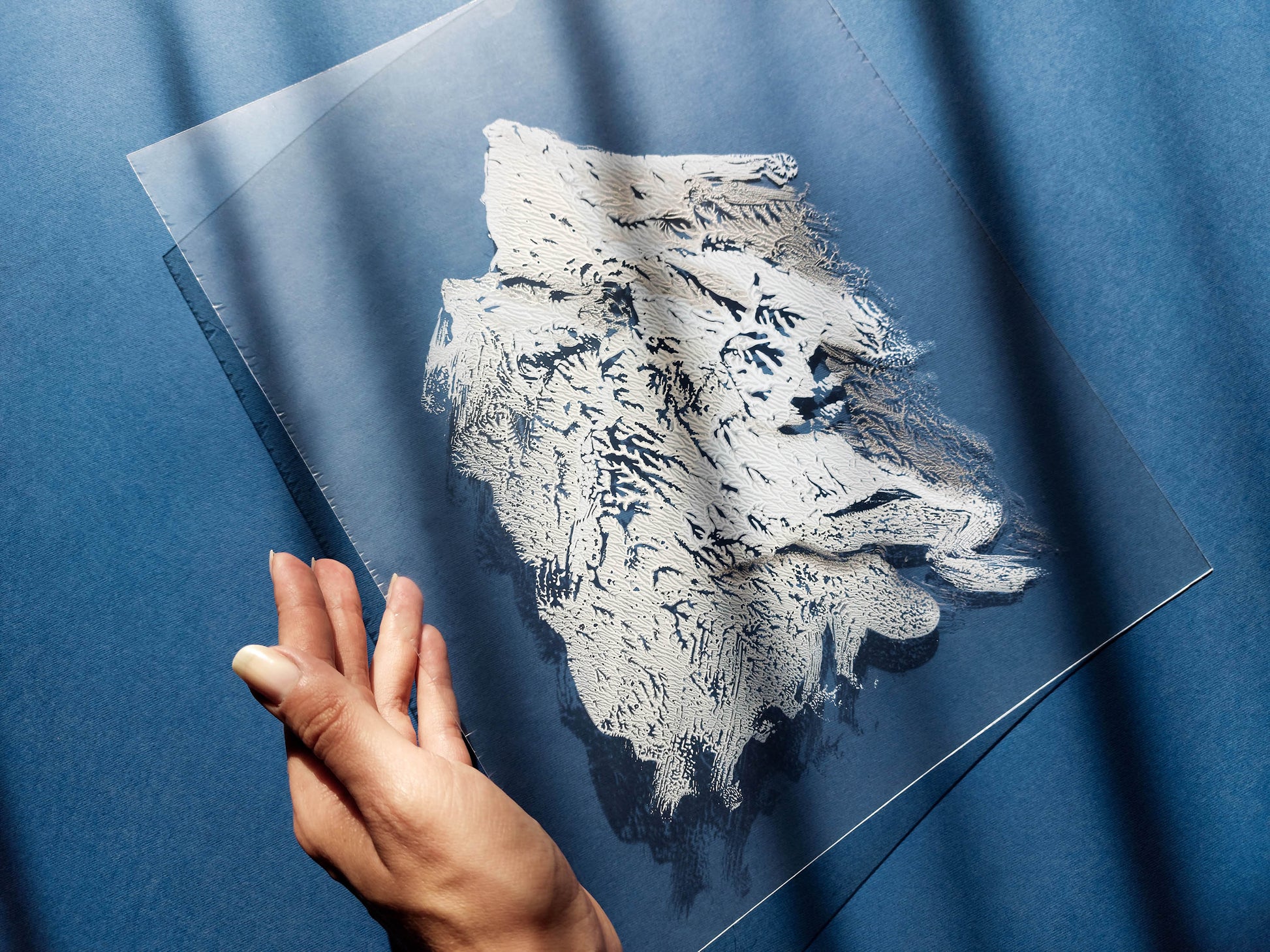 N3 White silver and blue Abstract mountains Monotype print on Plexiglass Holiday winter wall art Modern original painting artwork UNFRAMED Living room Bedroom Workspace Home wall decoration Handmade relief printmaking unique one copy art