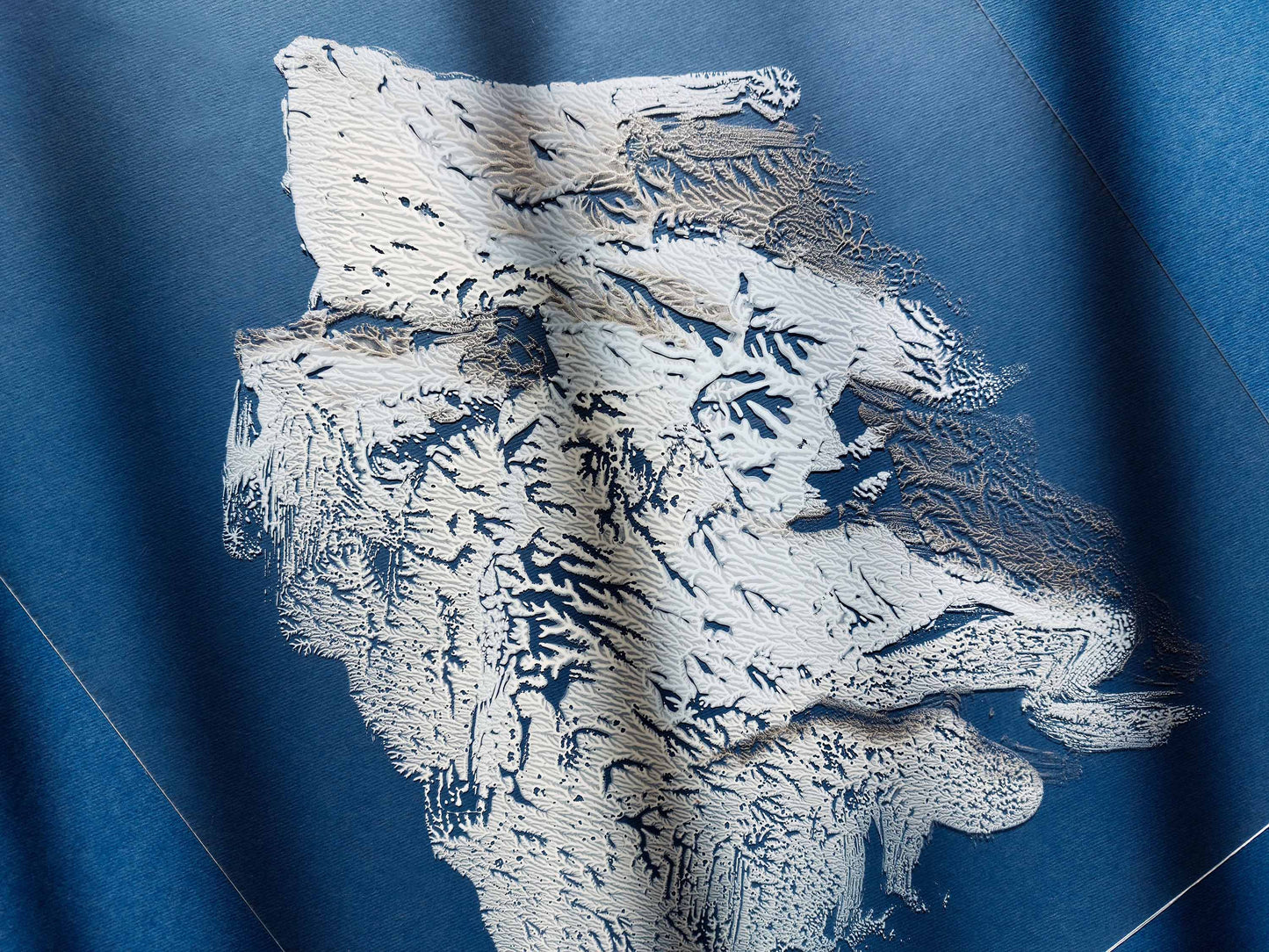 N3 White silver and blue Abstract mountains Monotype print on Plexiglass Holiday winter wall art Modern original painting artwork UNFRAMED Living room Bedroom Workspace Home wall decoration Handmade relief printmaking unique one copy art