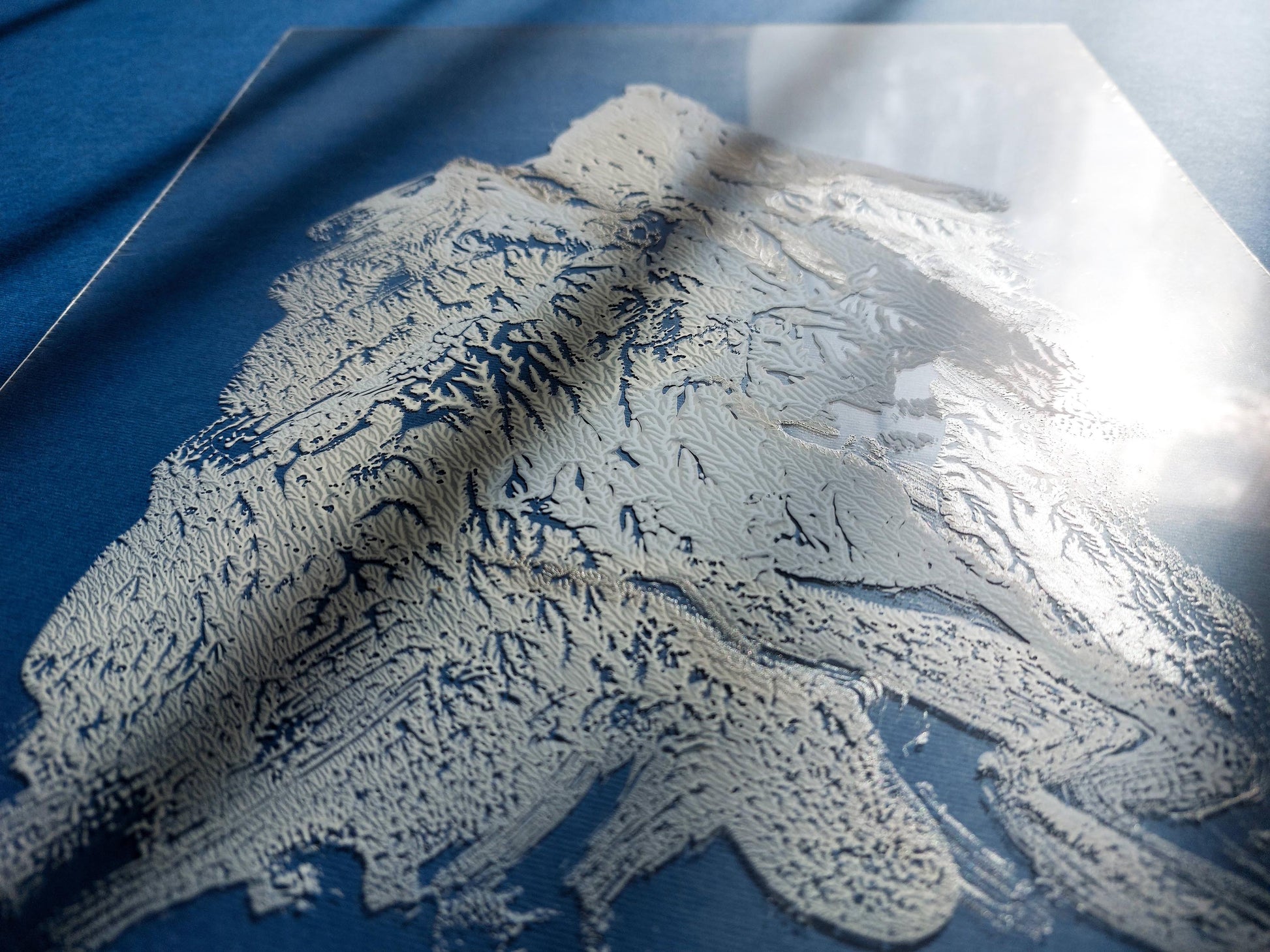 N3 White silver and blue Abstract mountains Monotype print on Plexiglass Holiday winter wall art Modern original painting artwork UNFRAMED Living room Bedroom Workspace Home wall decoration Handmade relief printmaking unique one copy art