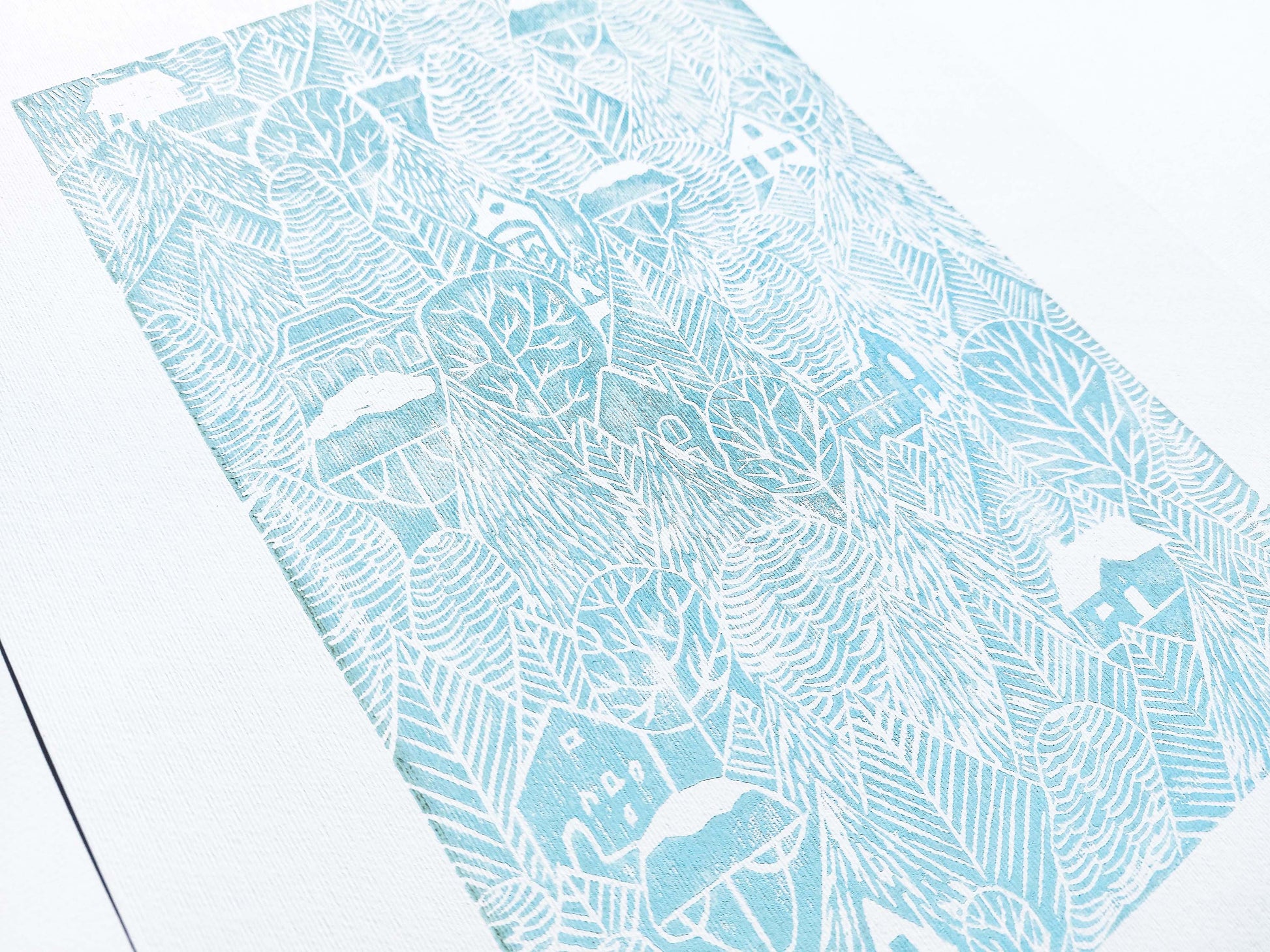 Holiday winter wall art Linocut print Light blue forest with houses Original artwork 12x16 for New home gift and bedroom wall decor UNFRAMED, Linogravure, Living room wall art, Farmhouse wall decor, block print, New home gift, bedroom wall decor, lino print, handmade print art, printmaking