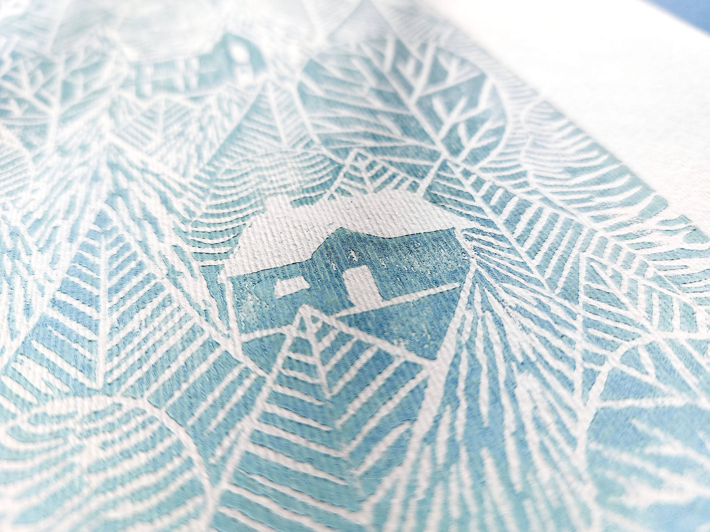 Light Blue forest with houses Linocut print 12x16in for Nature lover gift UNFRAMED / printmaking art, original artwork, lino print, linogravure, block print, relief print, handmade art, bedroom wall art, living room decor, nursery wall art