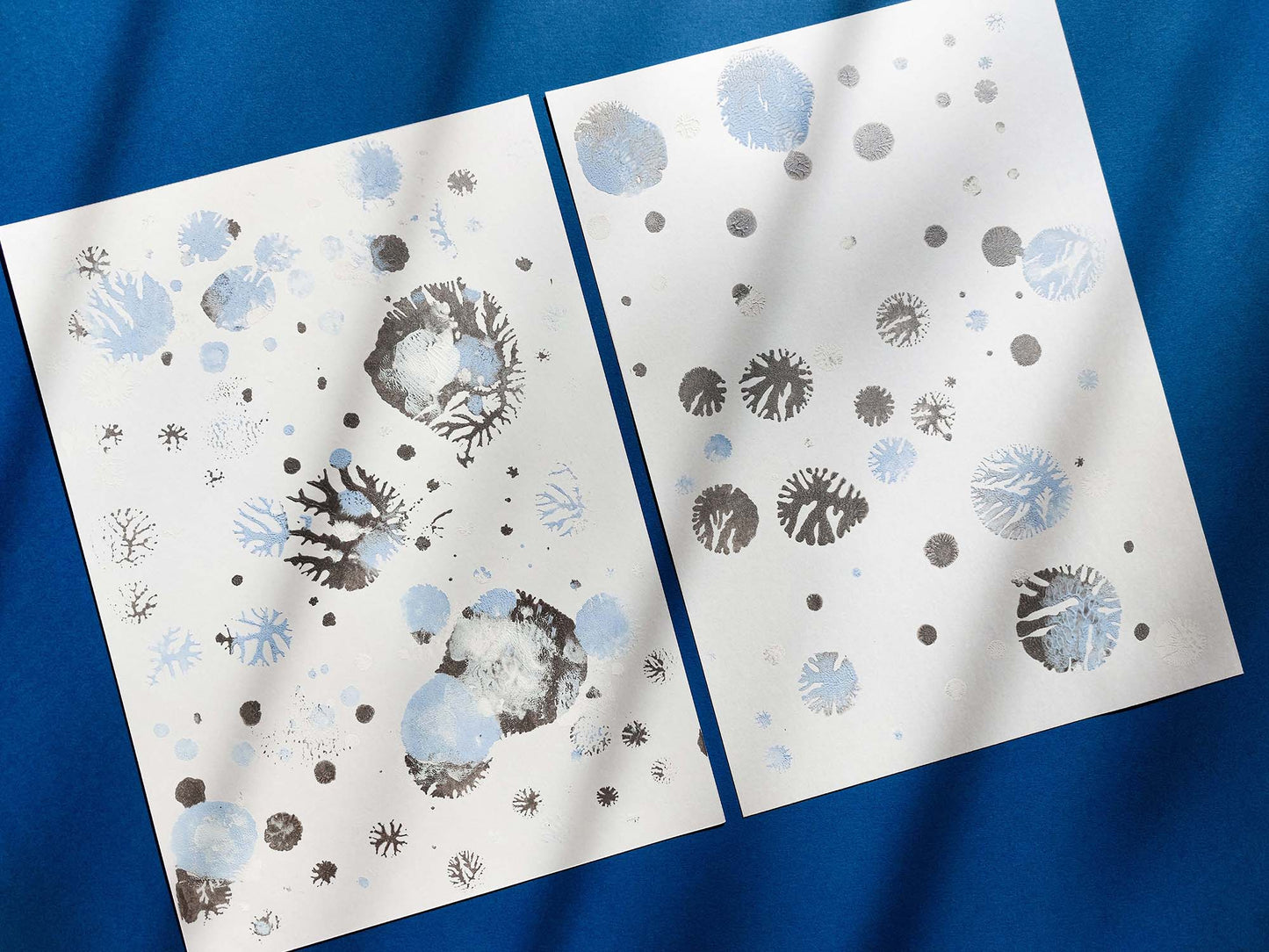 Gallery wall set of 2 Monotype print Blue and silver abstract snowflakes Holiday winter wall art Christmas festive decor UNFRAMED, Bedroom wall decor, relief print, Original artwork, Noel decoration, printmaking art, handmade print