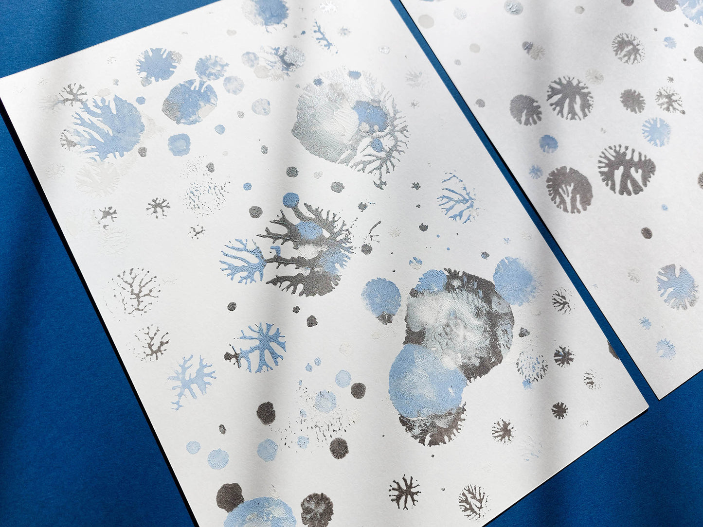 Gallery wall set of 2 Monotype print Blue and silver abstract snowflakes Holiday winter wall art Christmas festive decor UNFRAMED, Bedroom wall decor, relief print, Original artwork, Noel decoration, printmaking art, handmade print