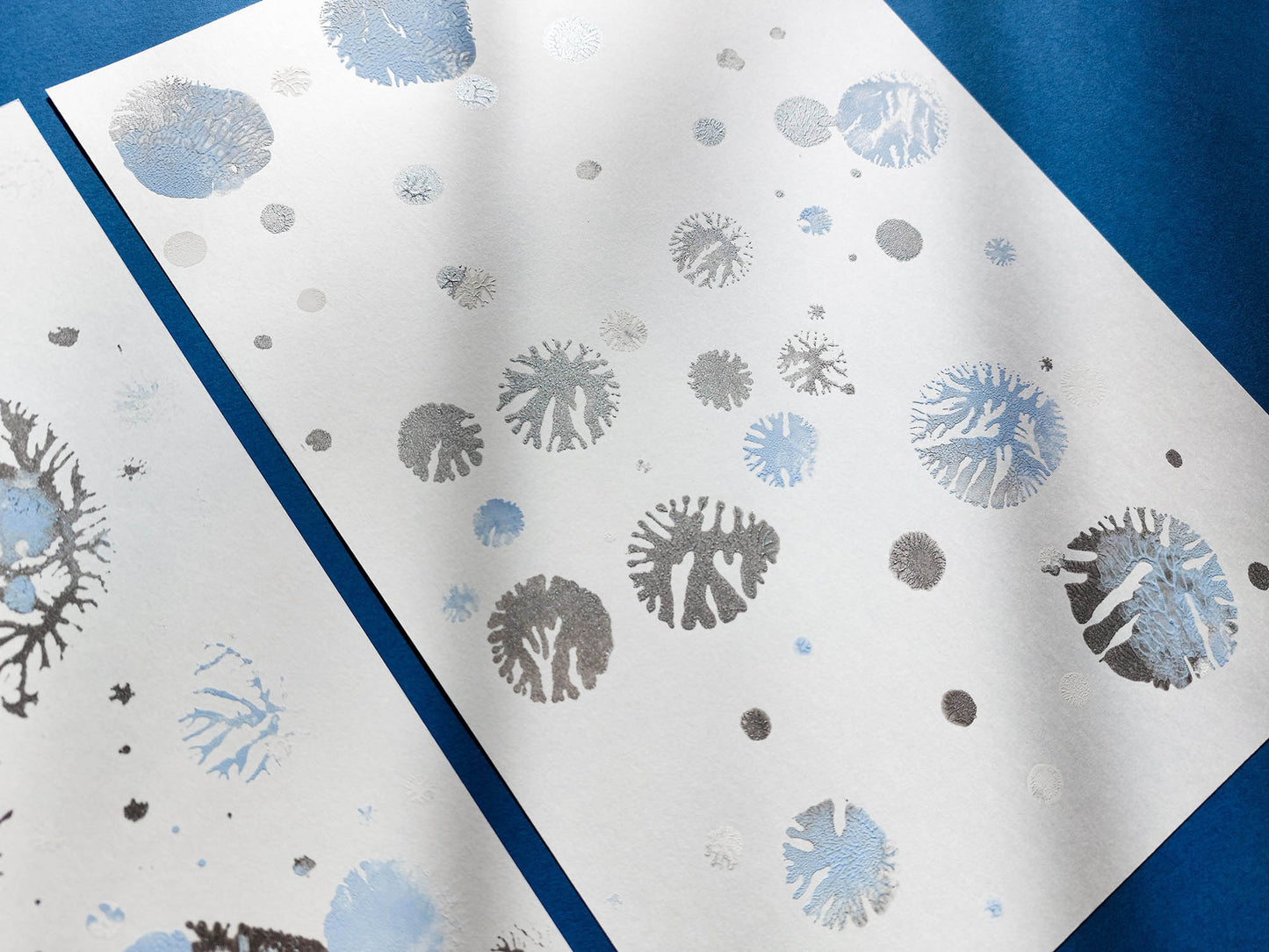Gallery wall set of 2 Monotype print Blue and silver abstract snowflakes Holiday winter wall art Christmas festive decor UNFRAMED, Bedroom wall decor, relief print, Original artwork, Noel decoration, printmaking art, handmade print