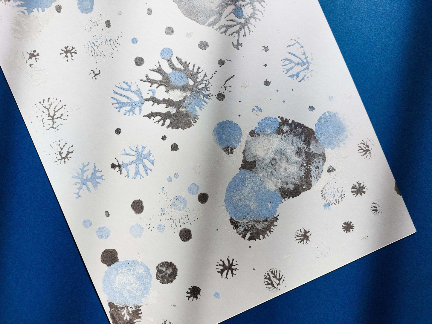 Blue and silver abstract snowflakes Monotype print Holiday winter wall art for Christmas festive living room decor UNFRAMED, Bedroom wall decor, Printmaking art, handmade art, relief print, Original artwork, Noel decoration