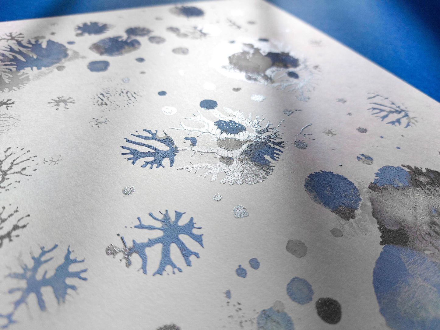 Blue and silver abstract snowflakes Monotype print Holiday winter wall art for Christmas festive living room decor UNFRAMED, Bedroom wall decor, Printmaking art, handmade art, relief print, Original artwork, Noel decoration