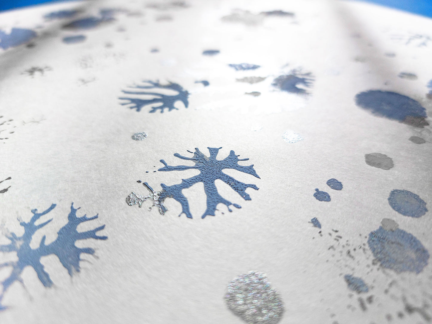 Blue and silver abstract snowflakes Monotype print Holiday winter wall art for Christmas festive living room decor UNFRAMED, Bedroom wall decor, Printmaking art, handmade art, relief print, Original artwork, Noel decoration