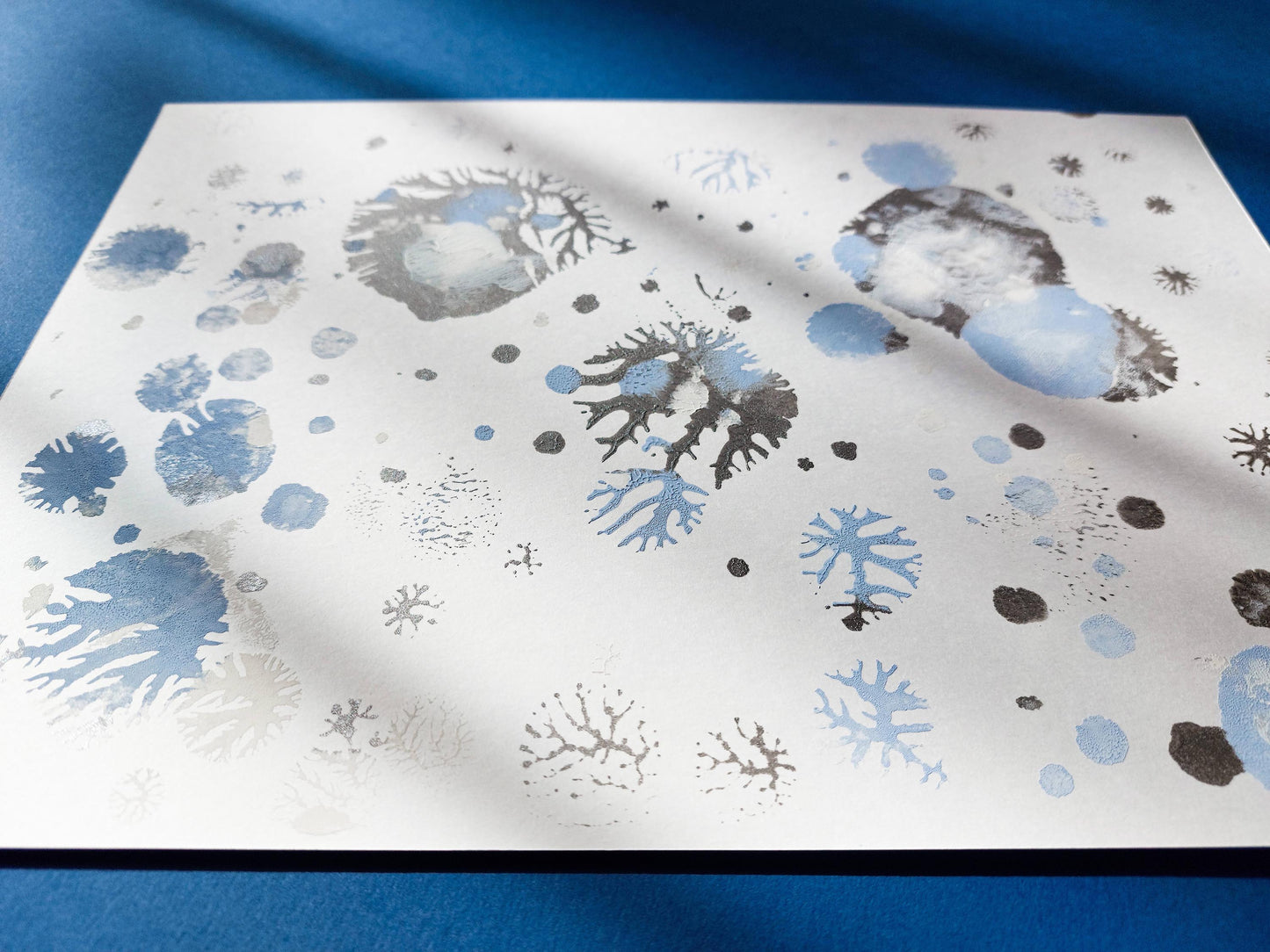 Blue and silver abstract snowflakes Monotype print Holiday winter wall art for Christmas festive living room decor UNFRAMED, Bedroom wall decor, Printmaking art, handmade art, relief print, Original artwork, Noel decoration