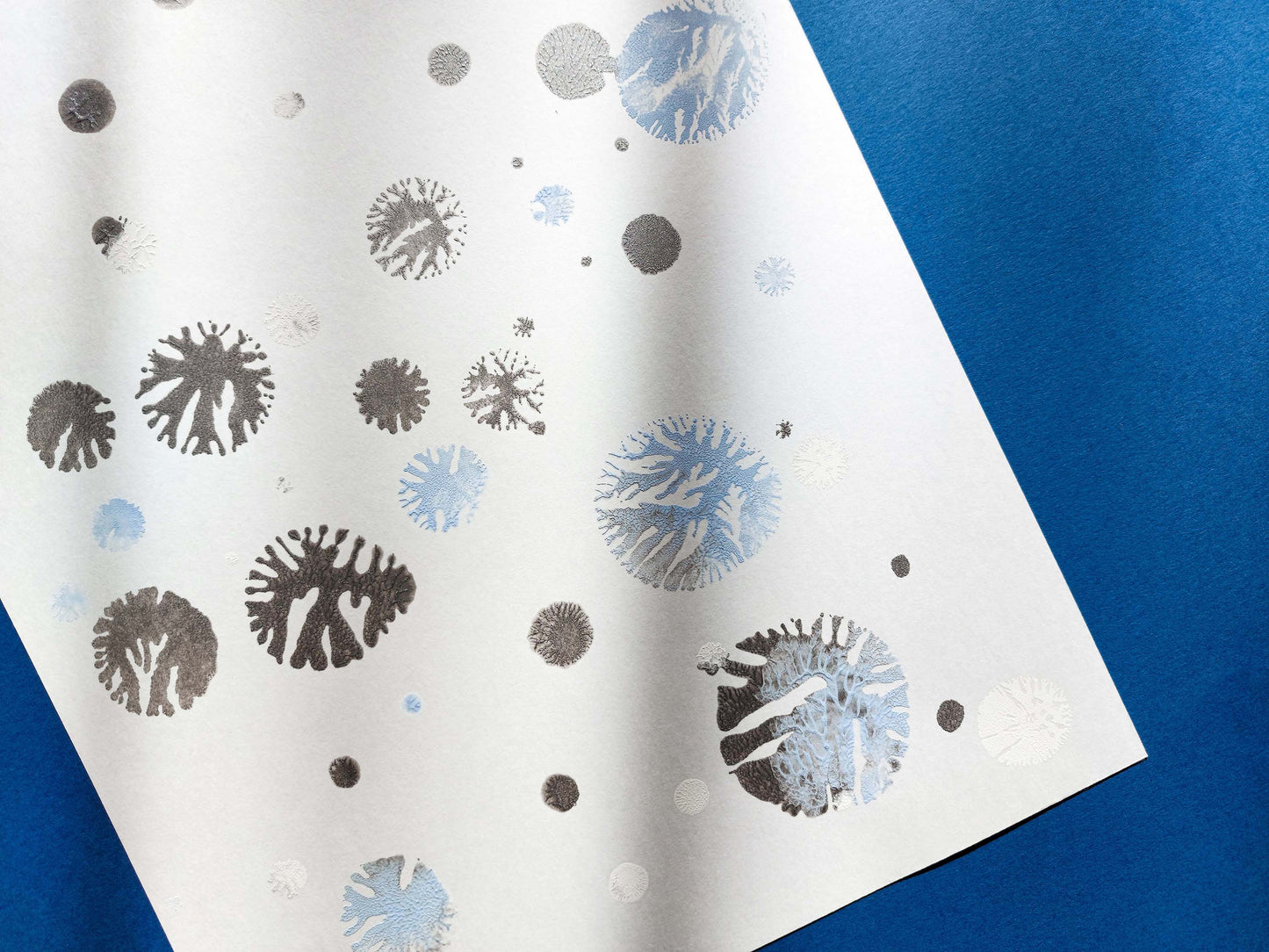 Monotype print Blue and silver abstract snowflakes Holiday winter wall art Original artwork for Christmas festive living room decor UNFRAMED,Bedroom wall decor, Printmaking art, relief print, handmade artwork, Original Noel decoration