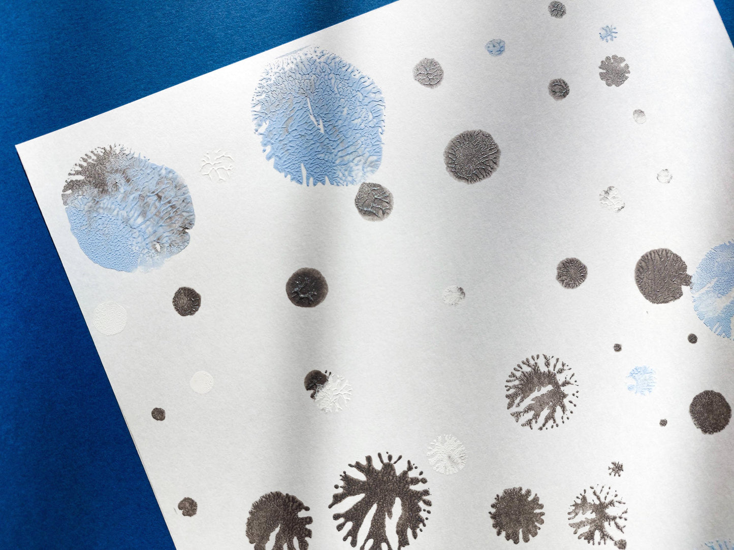 Monotype print Blue and silver abstract snowflakes Holiday winter wall art Original artwork for Christmas festive living room decor UNFRAMED,Bedroom wall decor, Printmaking art, relief print, handmade artwork, Original Noel decoration