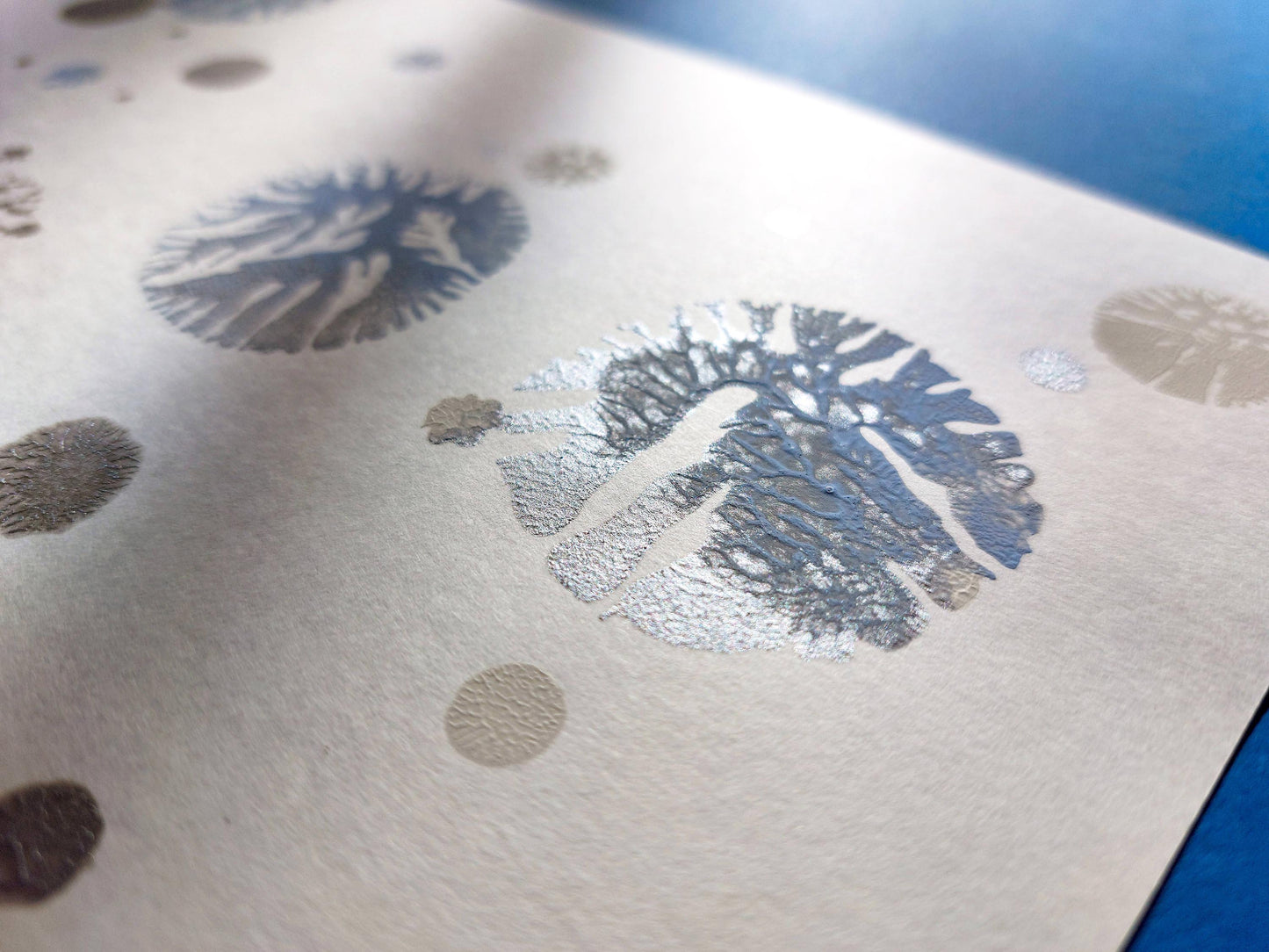 Monotype print Blue and silver abstract snowflakes Holiday winter wall art Original artwork for Christmas festive living room decor UNFRAMED,Bedroom wall decor, Printmaking art, relief print, handmade artwork, Original Noel decoration