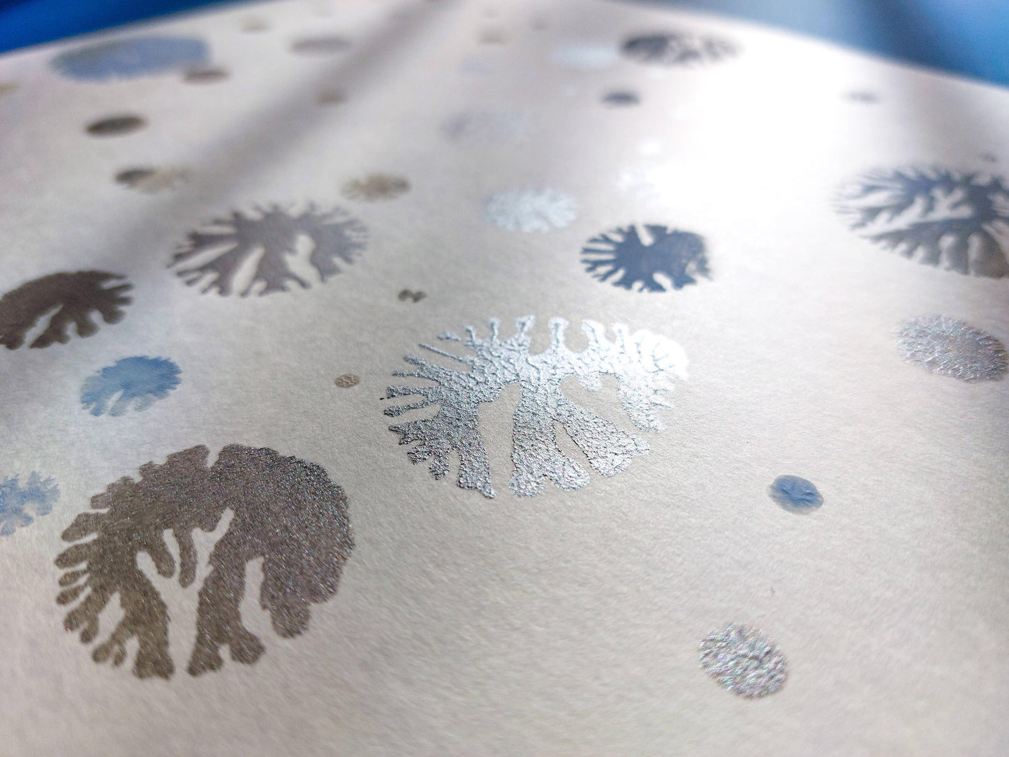Monotype print Blue and silver abstract snowflakes Holiday winter wall art Original artwork for Christmas festive living room decor UNFRAMED,Bedroom wall decor, Printmaking art, relief print, handmade artwork, Original Noel decoration