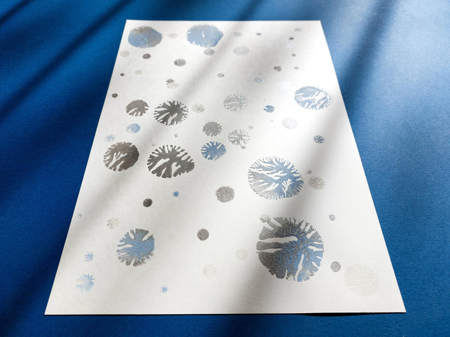 Monotype print Blue and silver abstract snowflakes Holiday winter wall art Original artwork for Christmas festive living room decor UNFRAMED,Bedroom wall decor, Printmaking art, relief print, handmade artwork, Original Noel decoration
