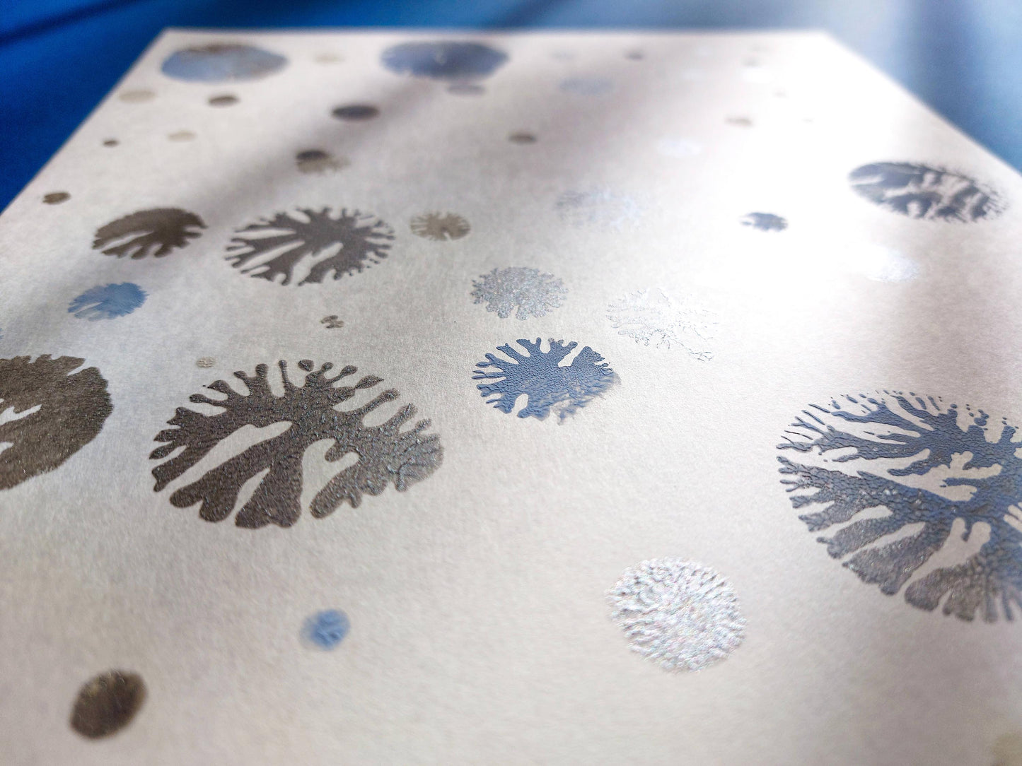 Monotype print Blue and silver abstract snowflakes Holiday winter wall art Original artwork for Christmas festive living room decor UNFRAMED,Bedroom wall decor, Printmaking art, relief print, handmade artwork, Original Noel decoration