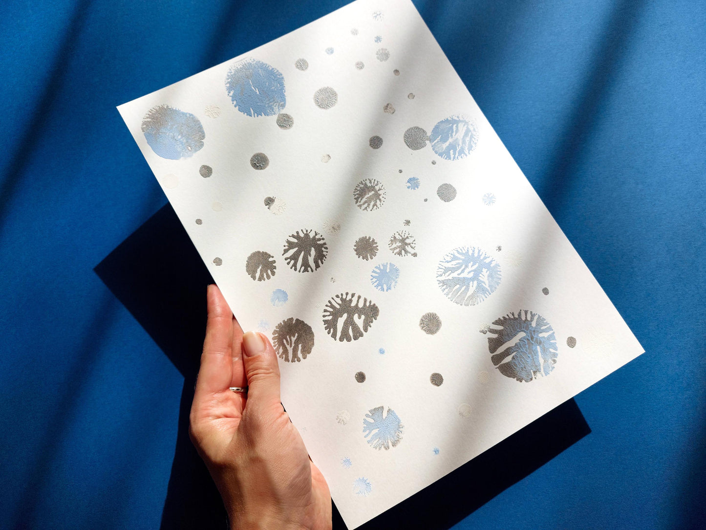 Monotype print Blue and silver abstract snowflakes Holiday winter wall art Original artwork for Christmas festive living room decor UNFRAMED,Bedroom wall decor, Printmaking art, relief print, handmade artwork, Original Noel decoration