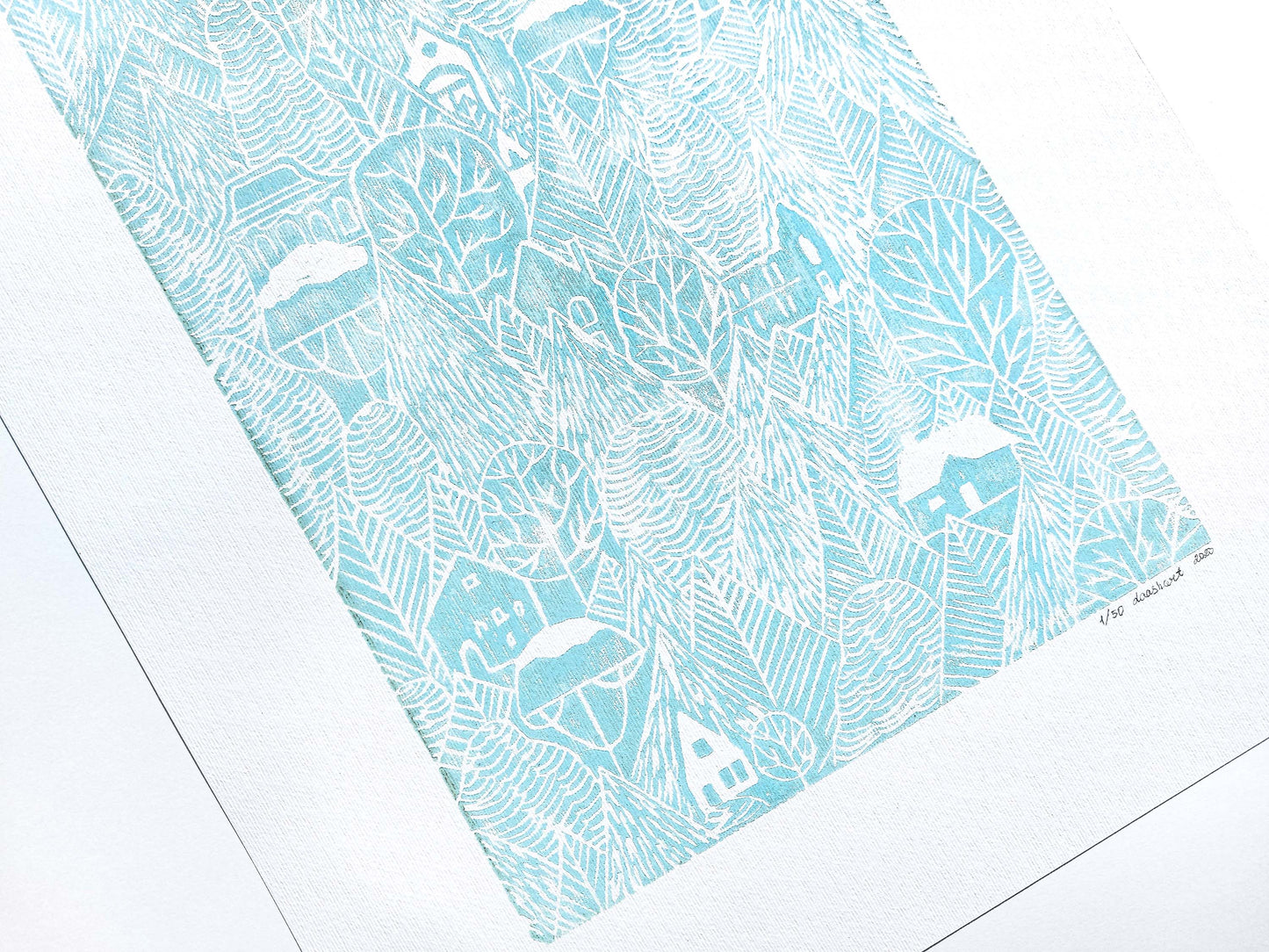 Holiday winter wall art Linocut print Light blue forest with houses Original artwork 12x16 for New home gift and bedroom wall decor UNFRAMED, Linogravure, Living room wall art, Farmhouse wall decor, block print, New home gift, bedroom wall decor, lino print, handmade print art, printmaking