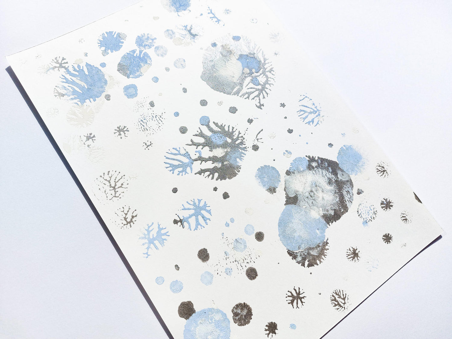 Blue and silver abstract snowflakes Monotype print Holiday winter wall art for Christmas festive living room decor UNFRAMED, Bedroom wall decor, Printmaking art, handmade art, relief print, Original artwork, Noel decoration