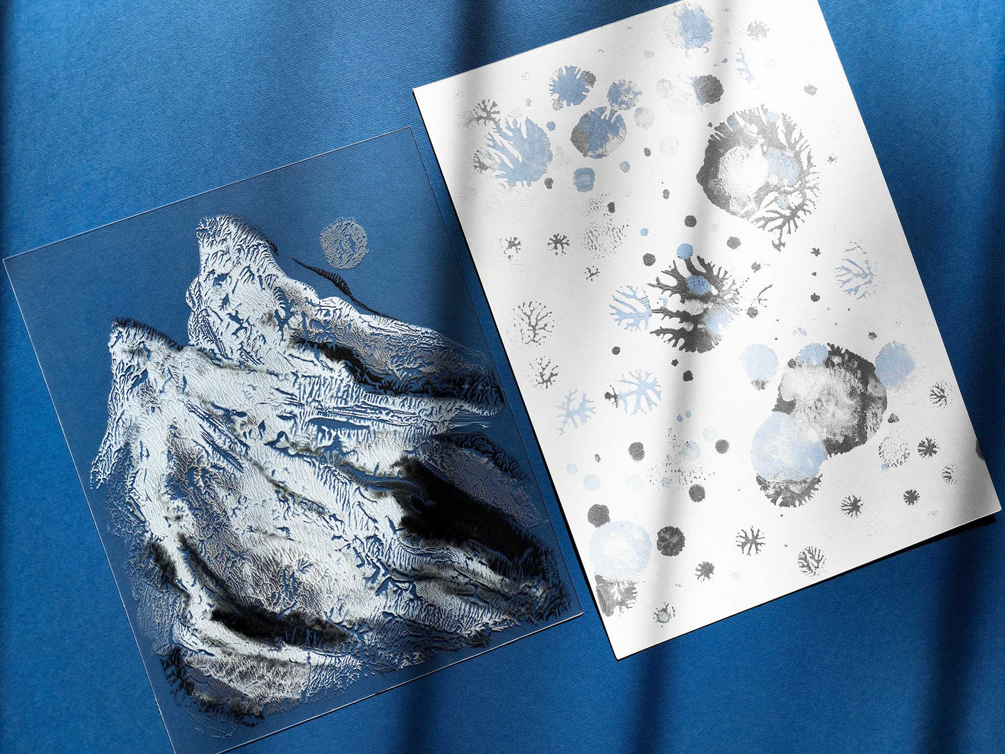 Gallery wall set of 2 Monotype prints Abstract mountains and snow Holiday winter wall art Original simple artwork for Nature lover gift, Relief print, noel decoration, Neutral festive art, Bedroom wall decor, painting, printmaking art, handmade art print