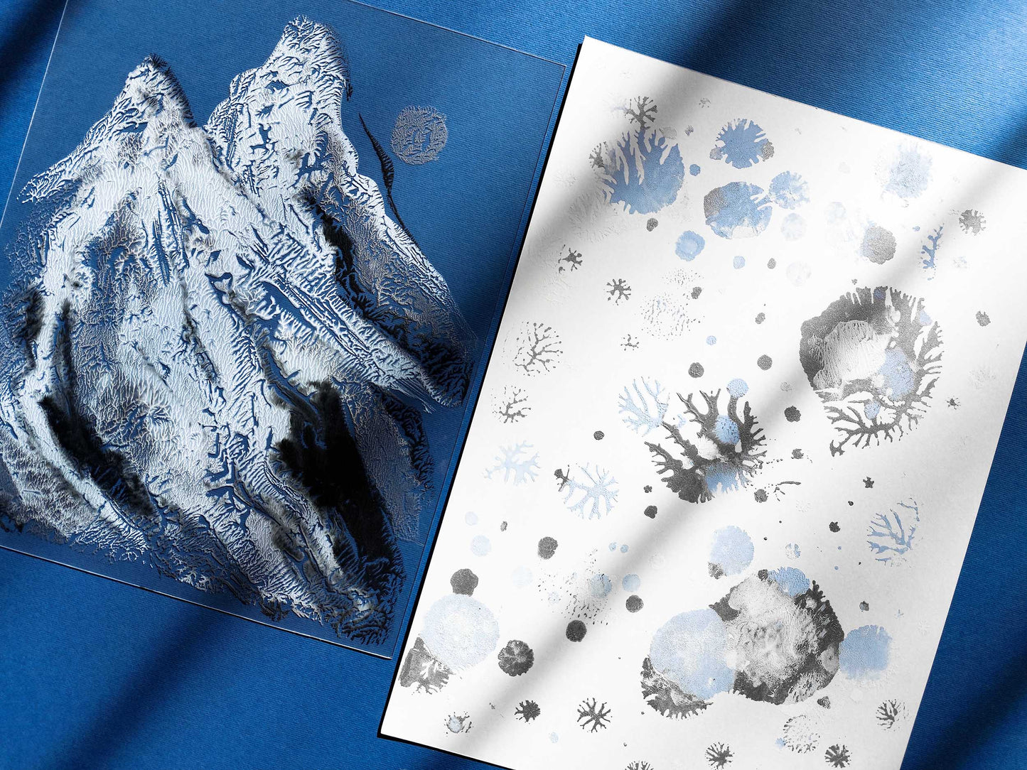 Gallery wall set of 2 Monotype prints Abstract mountains and snow Holiday winter wall art Original simple artwork for Nature lover gift, Relief print, noel decoration, Neutral festive art, Bedroom wall decor, painting, printmaking art, handmade art print