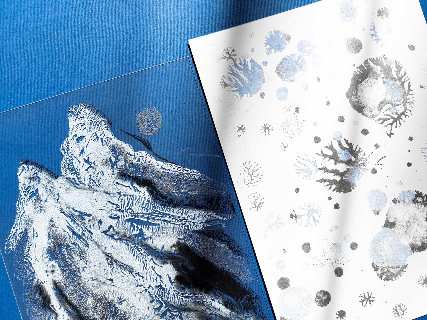 Gallery wall set of 2 Monotype prints Abstract mountains and snow Holiday winter wall art Original simple artwork for Nature lover gift, Relief print, noel decoration, Neutral festive art, Bedroom wall decor, painting, printmaking art, handmade art print