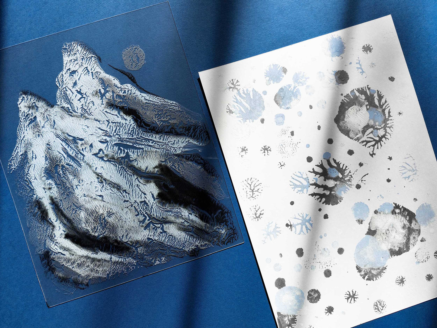 Gallery wall set of 2 Monotype prints Abstract mountains and snow Holiday winter wall art Original simple artwork for Nature lover gift, Relief print, noel decoration, Neutral festive art, Bedroom wall decor, painting, printmaking art, handmade art print