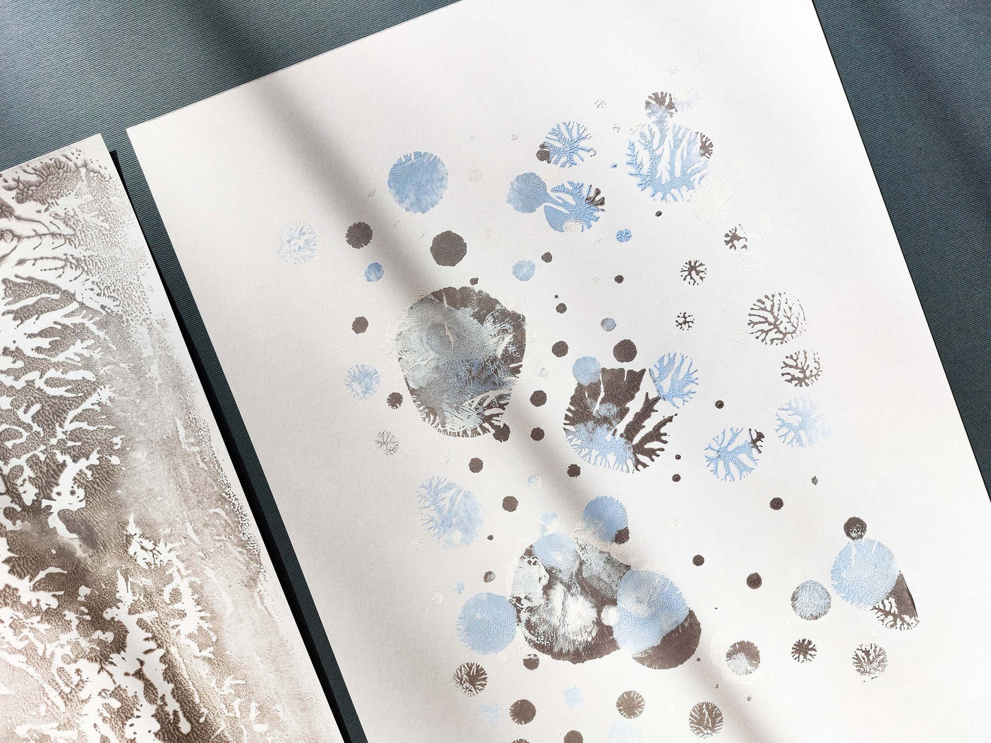 Abstract light blue snow Silver relief texture Holiday winter wall art Gallery wall set of 2 Monotype prints Original artwork New home gift, bedroom or living room wall decoration, Relief print, Printmaking art, Minimalist Festive scandinavian decor, winter wall art