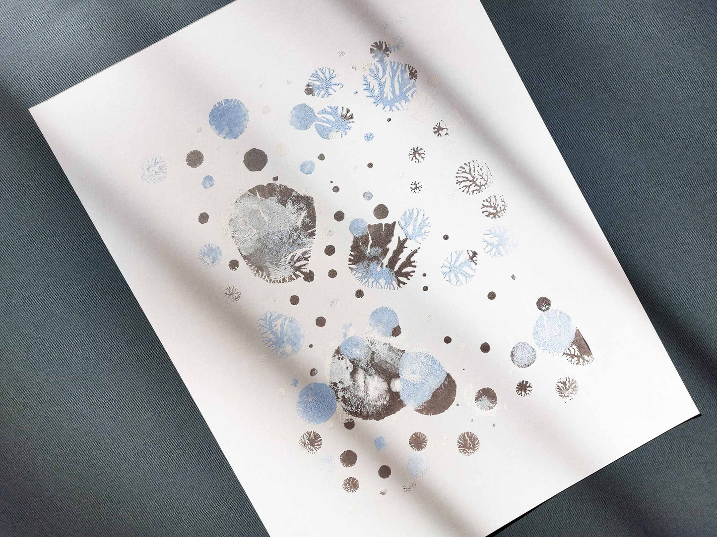 N2 Blue and silver abstract snowflakes 12x16in Monotype print Holiday winter wall art for Christmas festive living room decor UNFRAMED, Bedroom wall decor, Printmaking art handmade, one copy unique, relief print , Original artwork, Noel decoration, Minimalist art decor