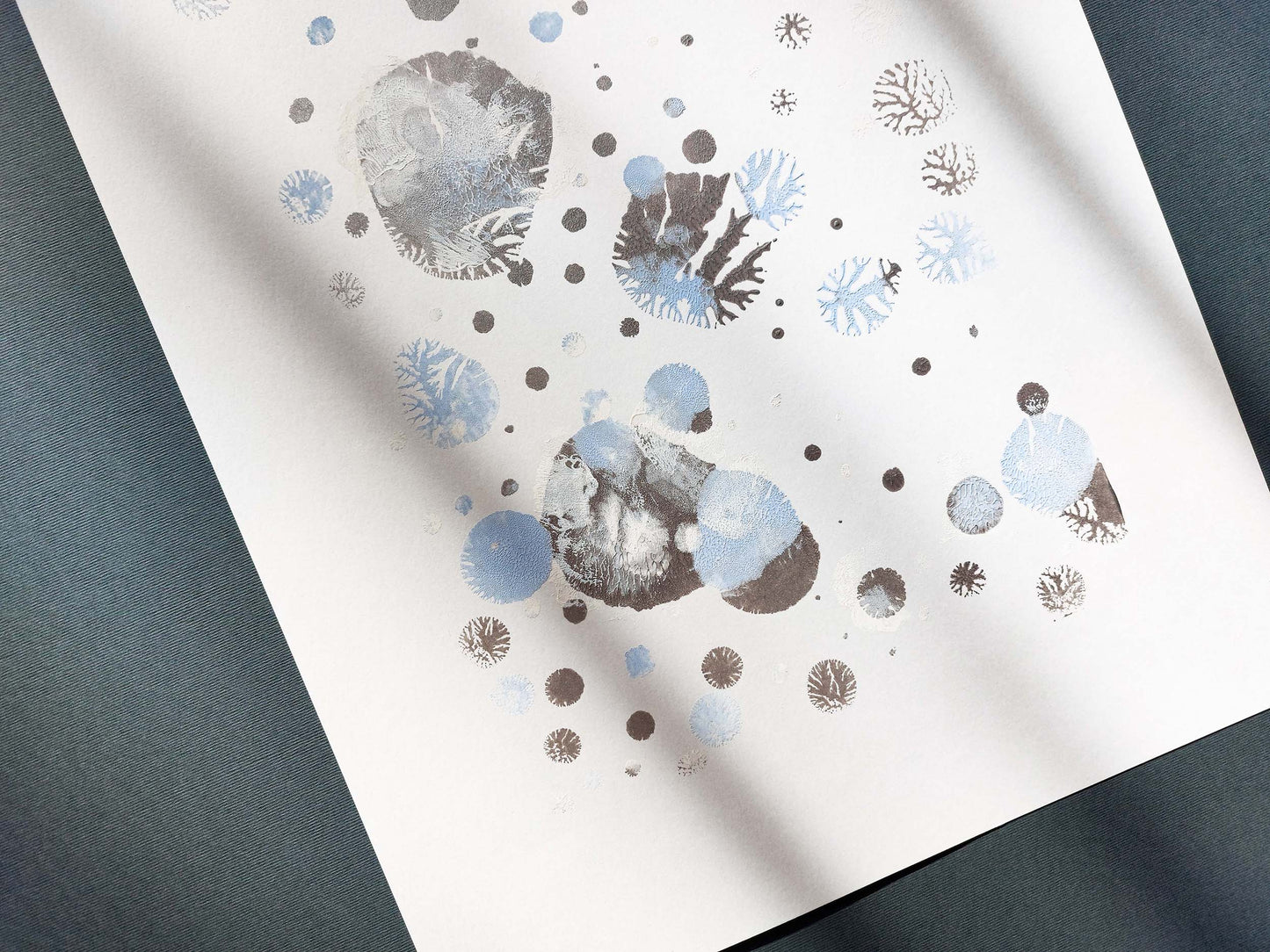 N2 Blue and silver abstract snowflakes 12x16in Monotype print Holiday winter wall art for Christmas festive living room decor UNFRAMED, Bedroom wall decor, Printmaking art handmade, one copy unique, relief print , Original artwork, Noel decoration, Minimalist art decor