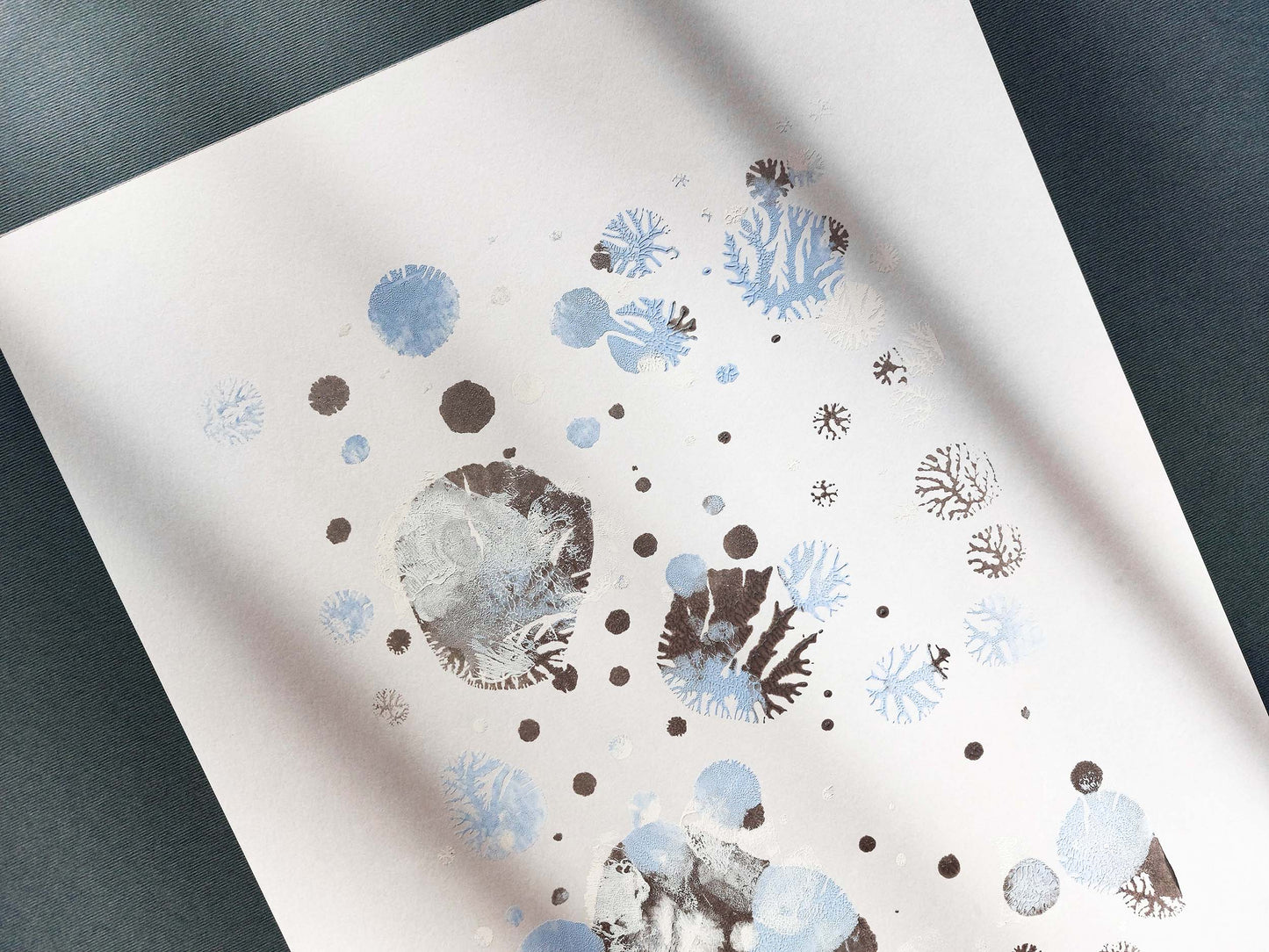 N2 Blue and silver abstract snowflakes 12x16in Monotype print Holiday winter wall art for Christmas festive living room decor UNFRAMED, Bedroom wall decor, Printmaking art handmade, one copy unique, relief print , Original artwork, Noel decoration, Minimalist art decor